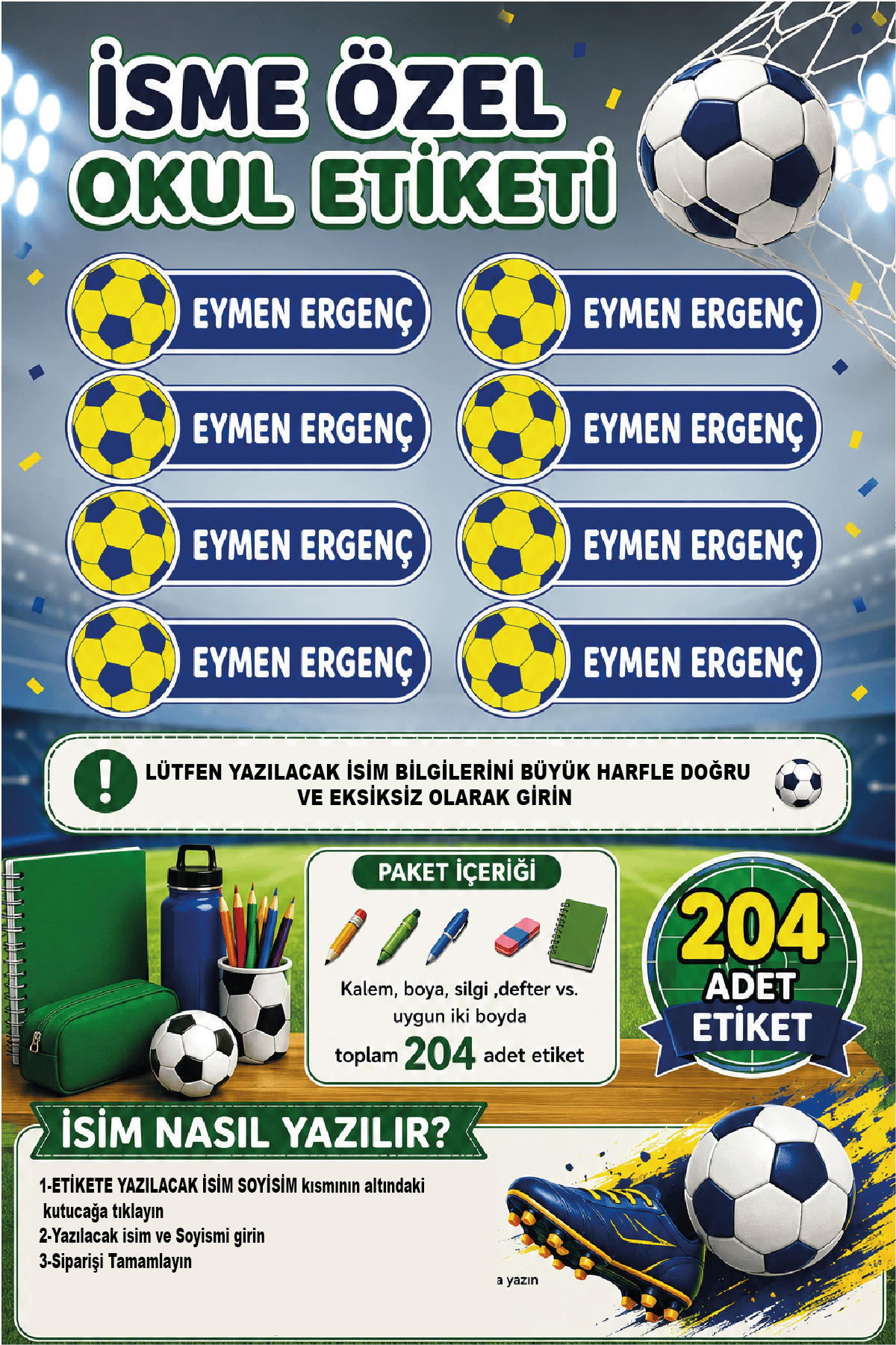 İsme Özel Sarı Lacivert Futbol Temalı Okul Etiketi | Futbol Topu Desenli | Su Geçirmez 204 Adet