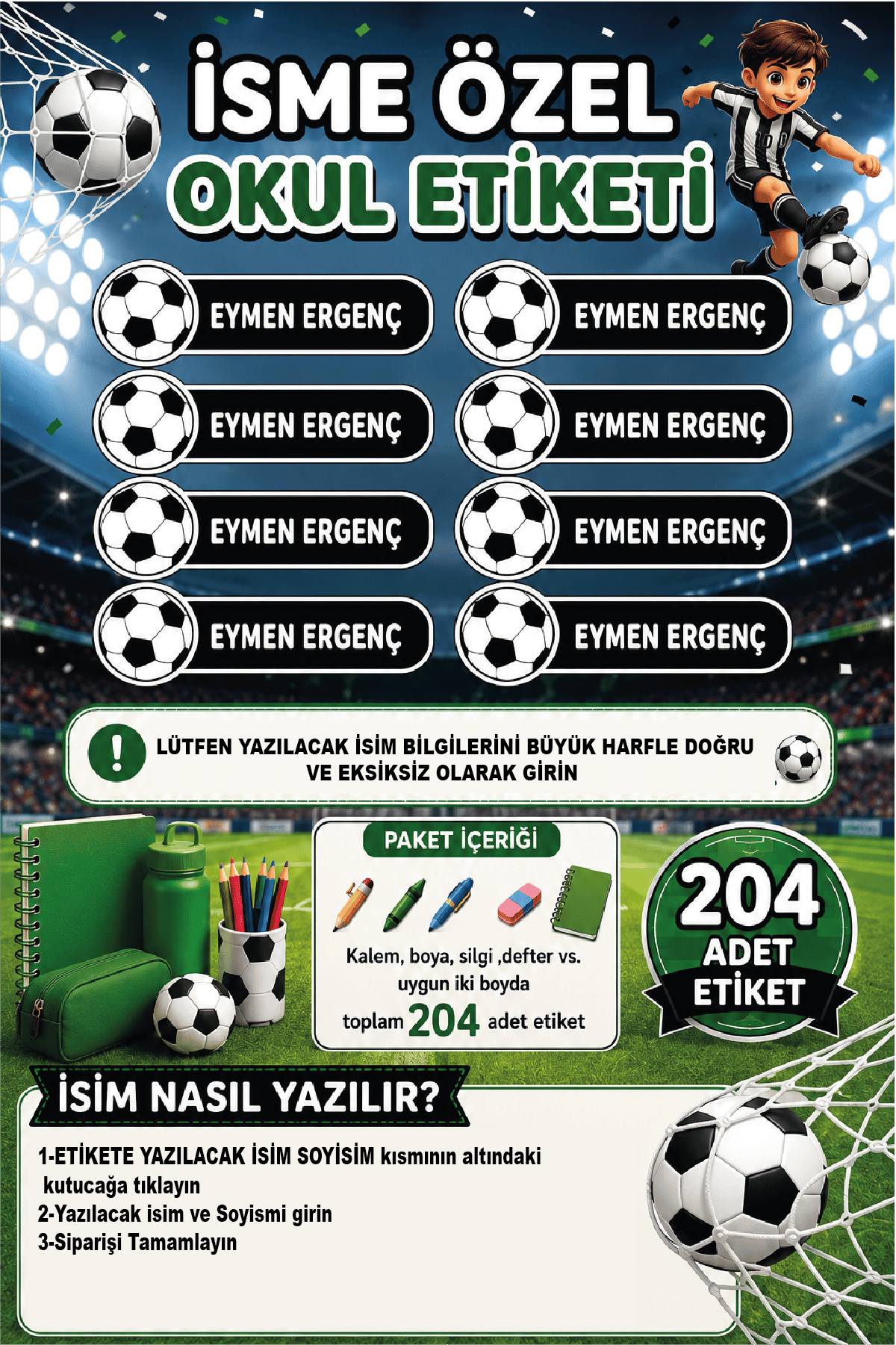 İsme Özel Siyah Beyaz Futbol Temalı Okul Etiketi | Futbol Topu Desenli | Su Geçirmez 204 Adet