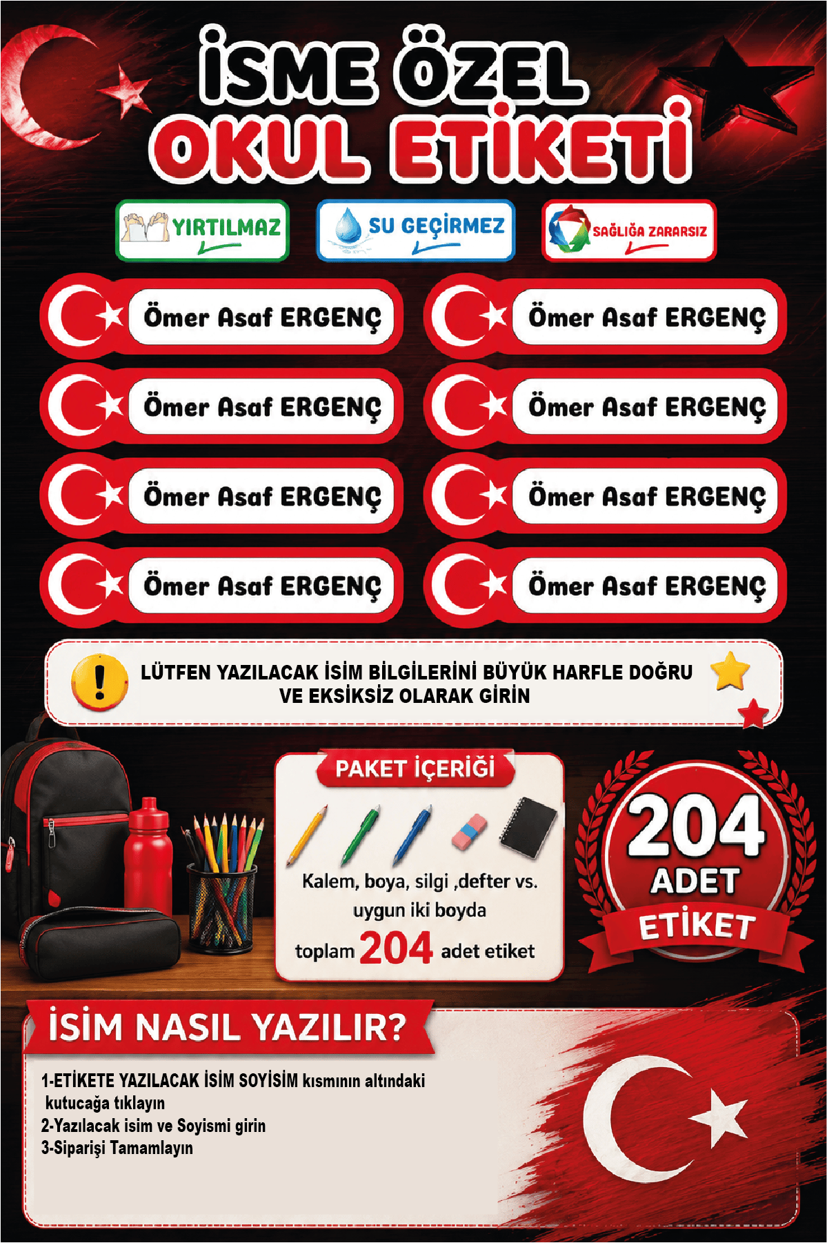İsme Özel Türk Bayraklı Okul Etiketi | Ay Yıldız Temalı | Su Geçirmez 204 Adet