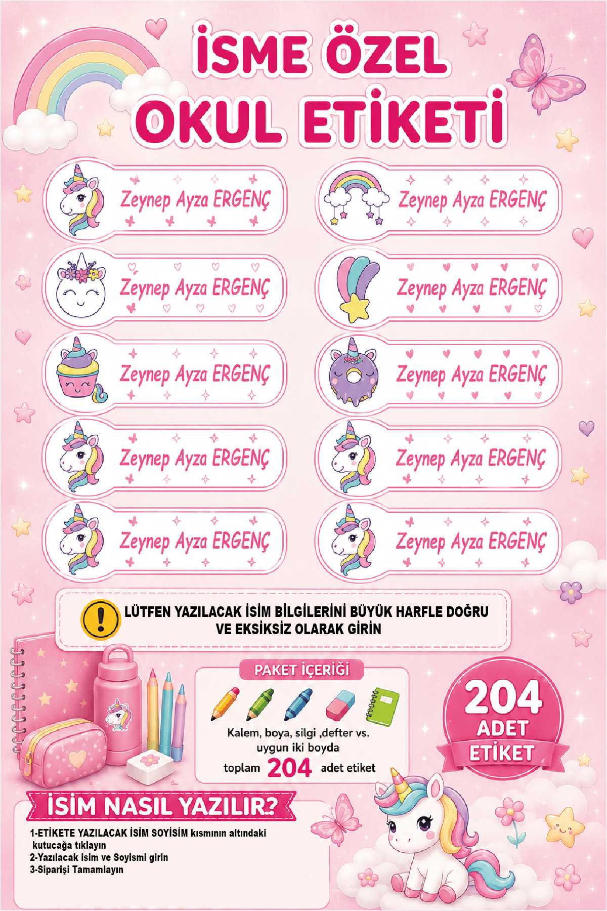 İsme Özel Unicorn Temalı Okul Etiketi | Su Geçirmez İsim Stickerı | 204 Adet