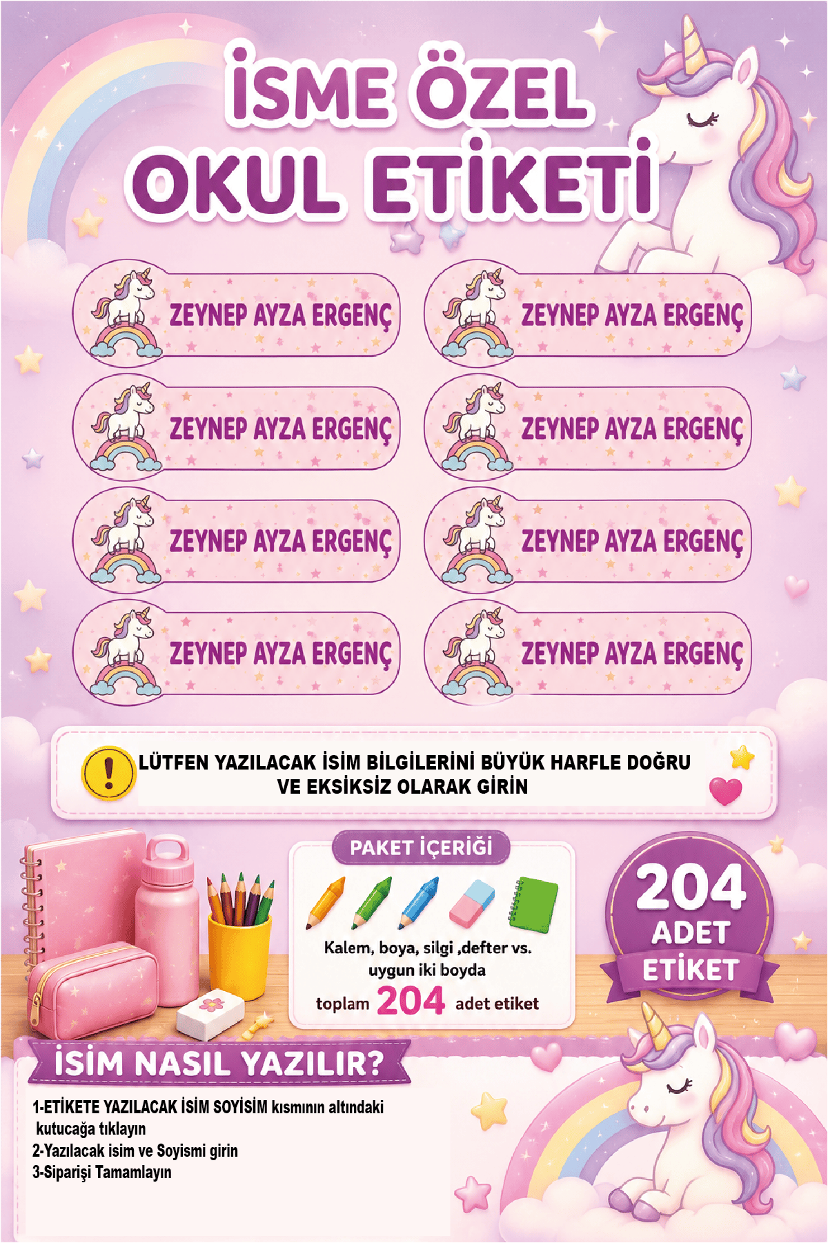 İsme Özel Unicorn Temalı Okul Etiketi | Gökkuşağı Desenli | Su Geçirmez 204 Adet
