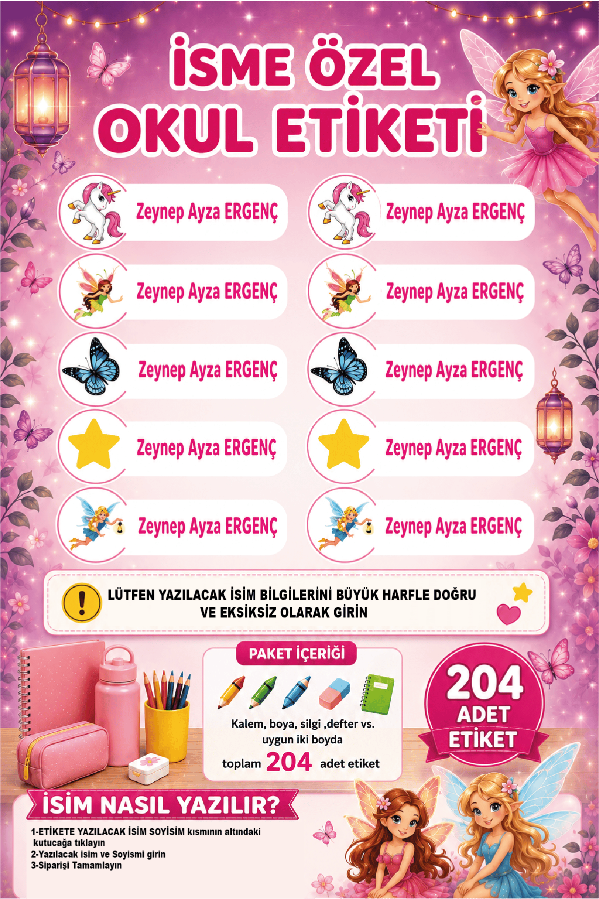 İsme Özel Unicorn ve Peri Temalı Okul Etiketi | Su Geçirmez İsim Stickerı | 204 Adet
