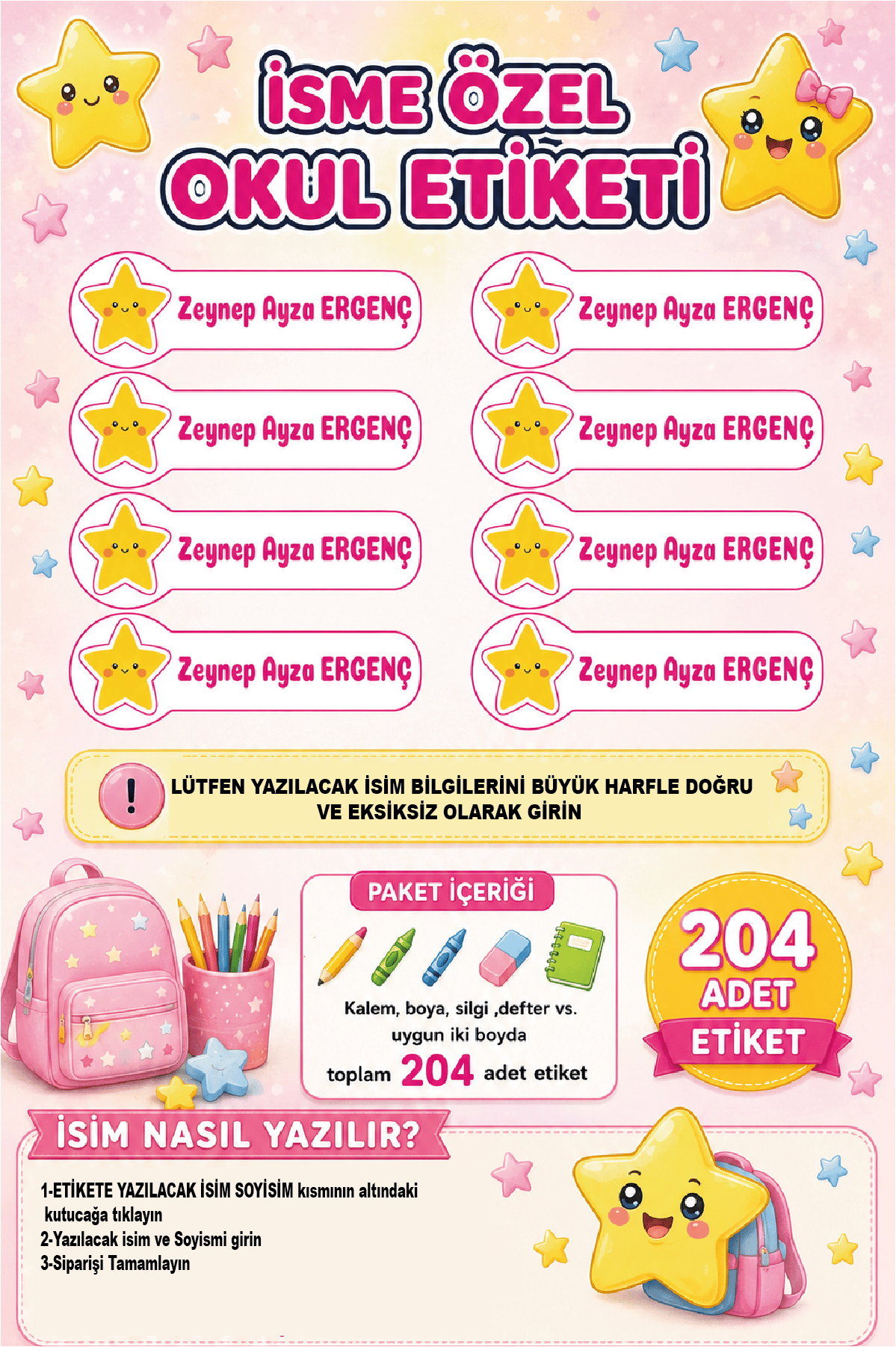 İsme Özel Yıldız Temalı Okul Etiketi | Su Geçirmez İsim Stickerı | 204 Adet