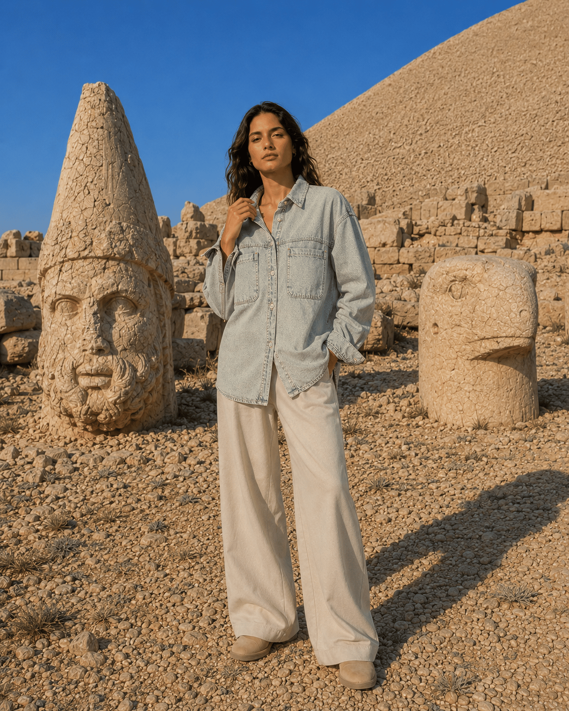  Kadın Oversize Kot Gömlek Çift Cepli Bölmeli Denim Gömlek Uzun Kollu