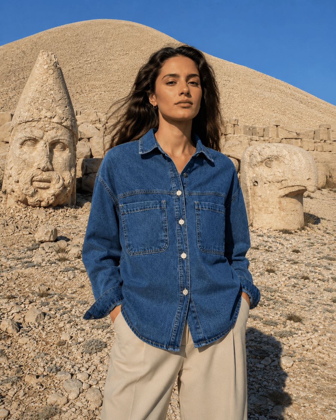  Kadın Oversize Kot Gömlek Çift Cepli Bölmeli Denim Gömlek Uzun Kollu