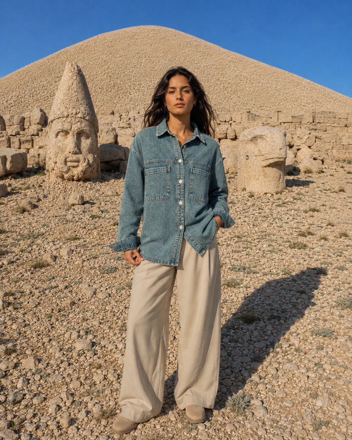 Kadın Oversize Kot Gömlek Çift Cepli Bölmeli Denim Gömlek Uzun Kollu