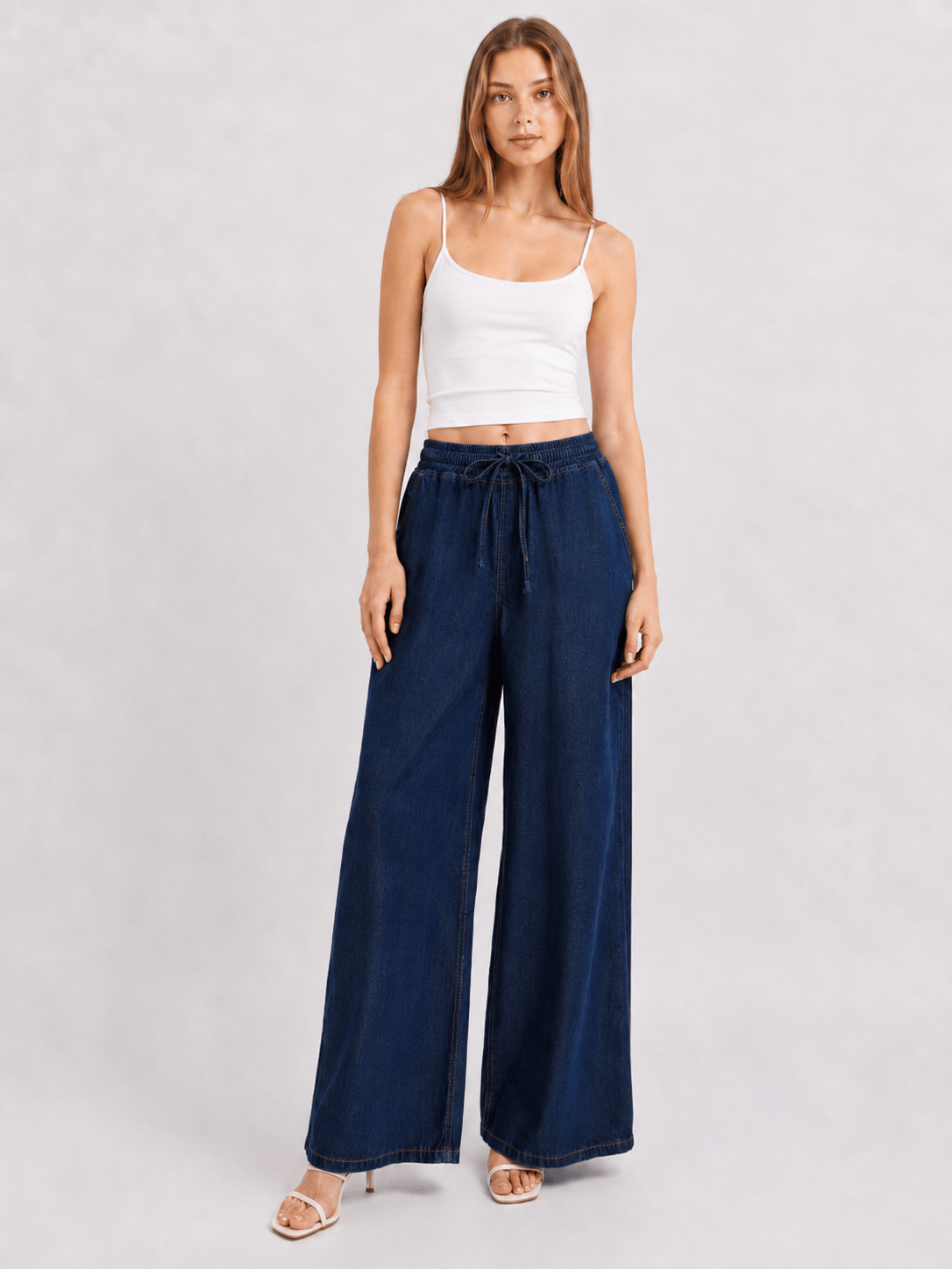 Beli Lastik Wide Leg Palazzo Kot Pantolon Koyu Mavi