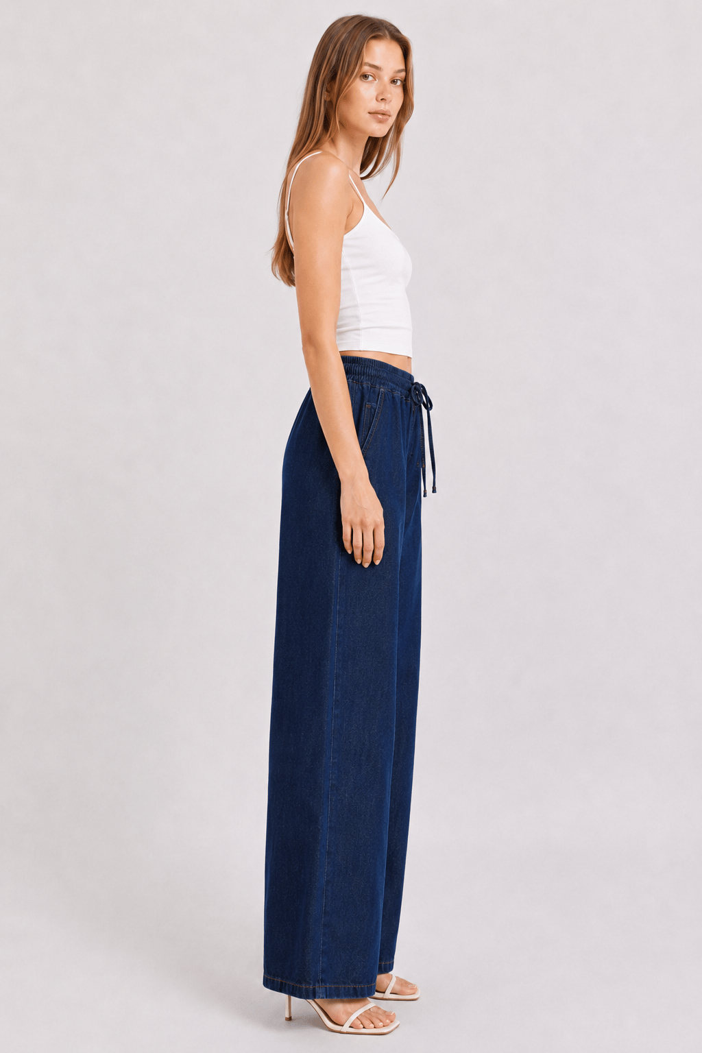 Beli Lastik Wide Leg Palazzo Kot Pantolon Koyu Mavi