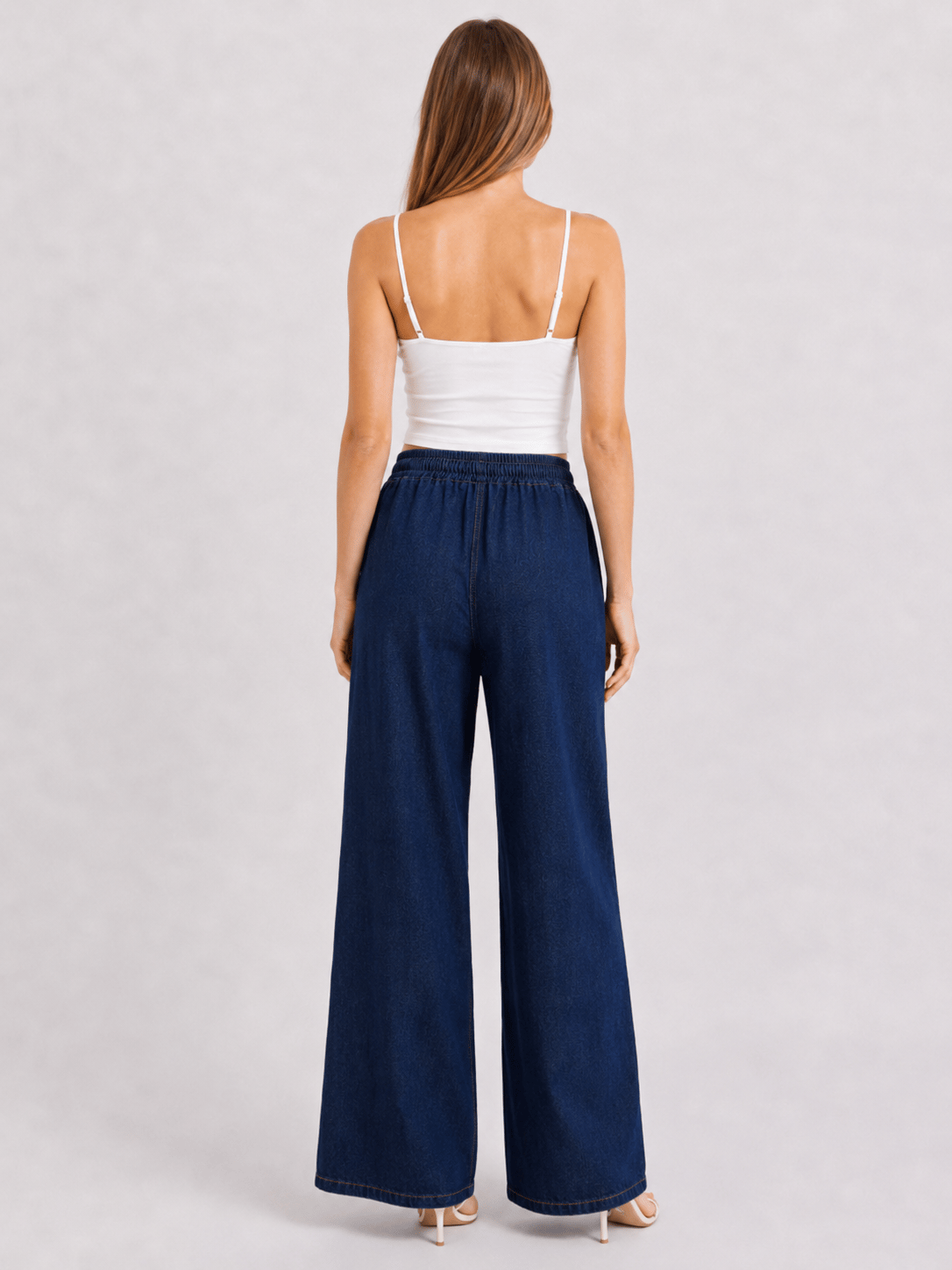 Beli Lastik Wide Leg Palazzo Kot Pantolon Koyu Mavi