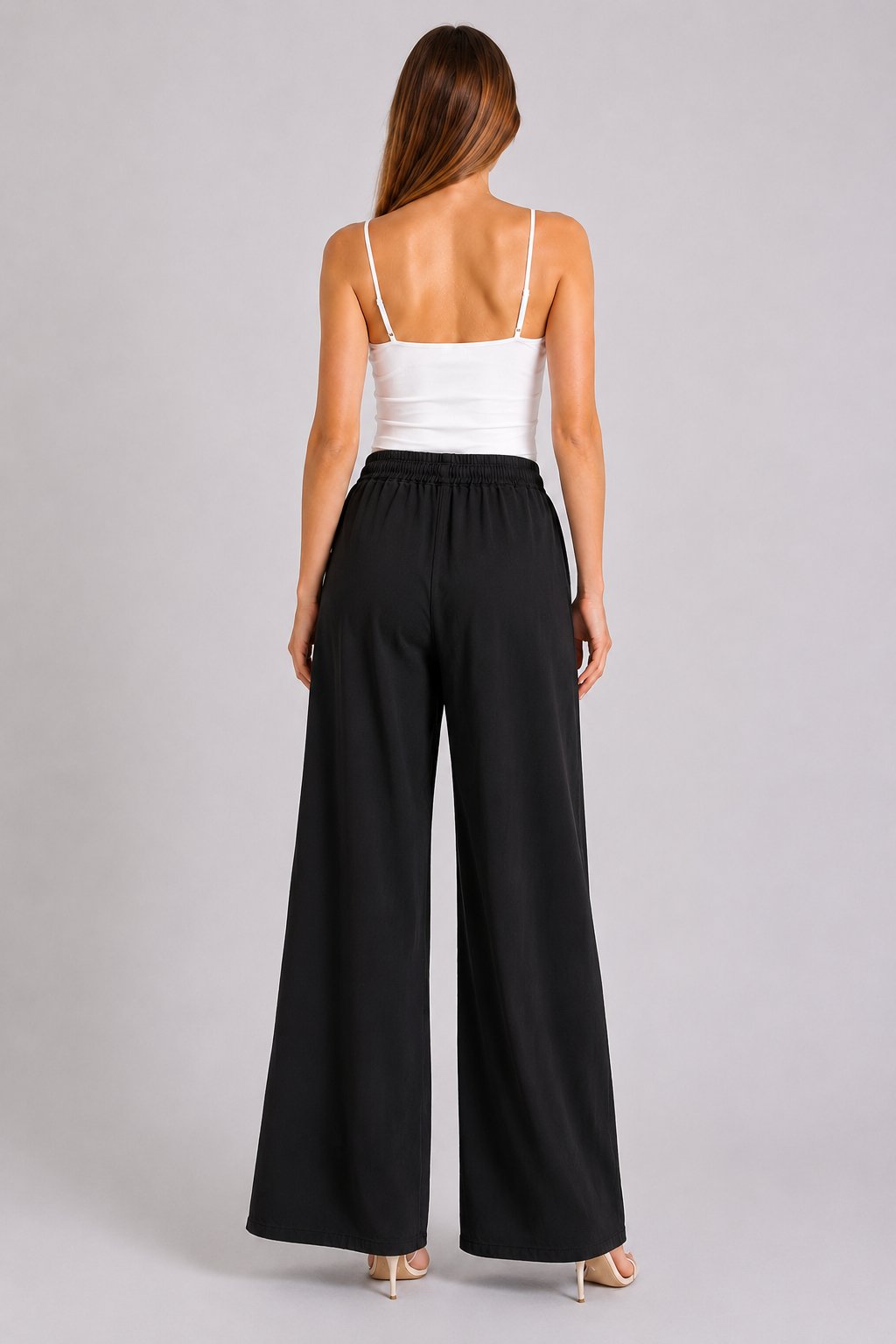 Beli Lastik Wide Leg Palazzo Kot Pantolon SİYAH