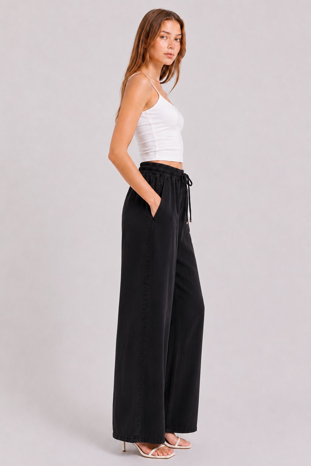 Beli Lastik Wide Leg Palazzo Kot Pantolon SİYAH