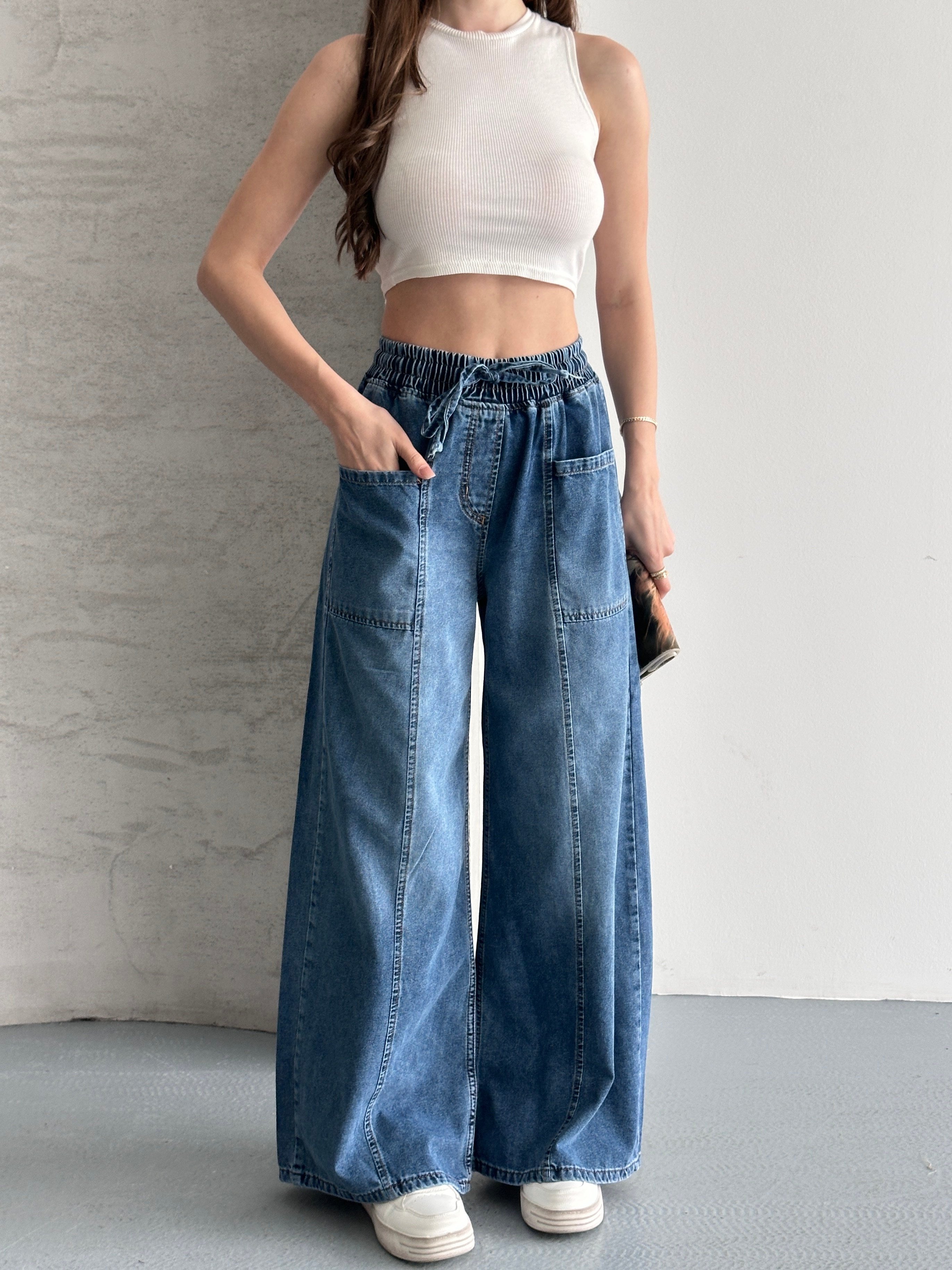 Beli Lastikli Tasarım Geniş Paça Jean
