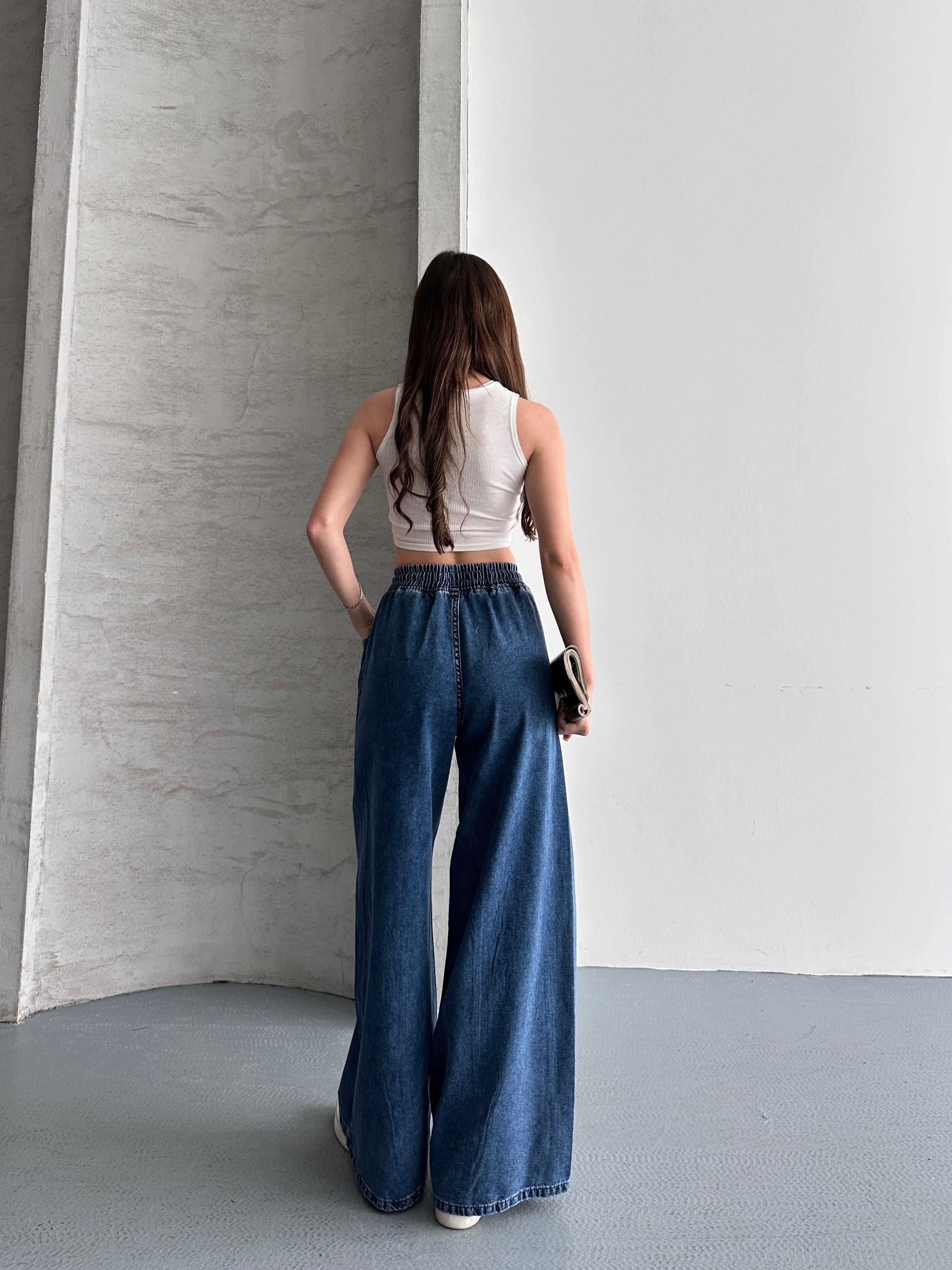 Beli Lastikli Tasarım Geniş Paça Jean