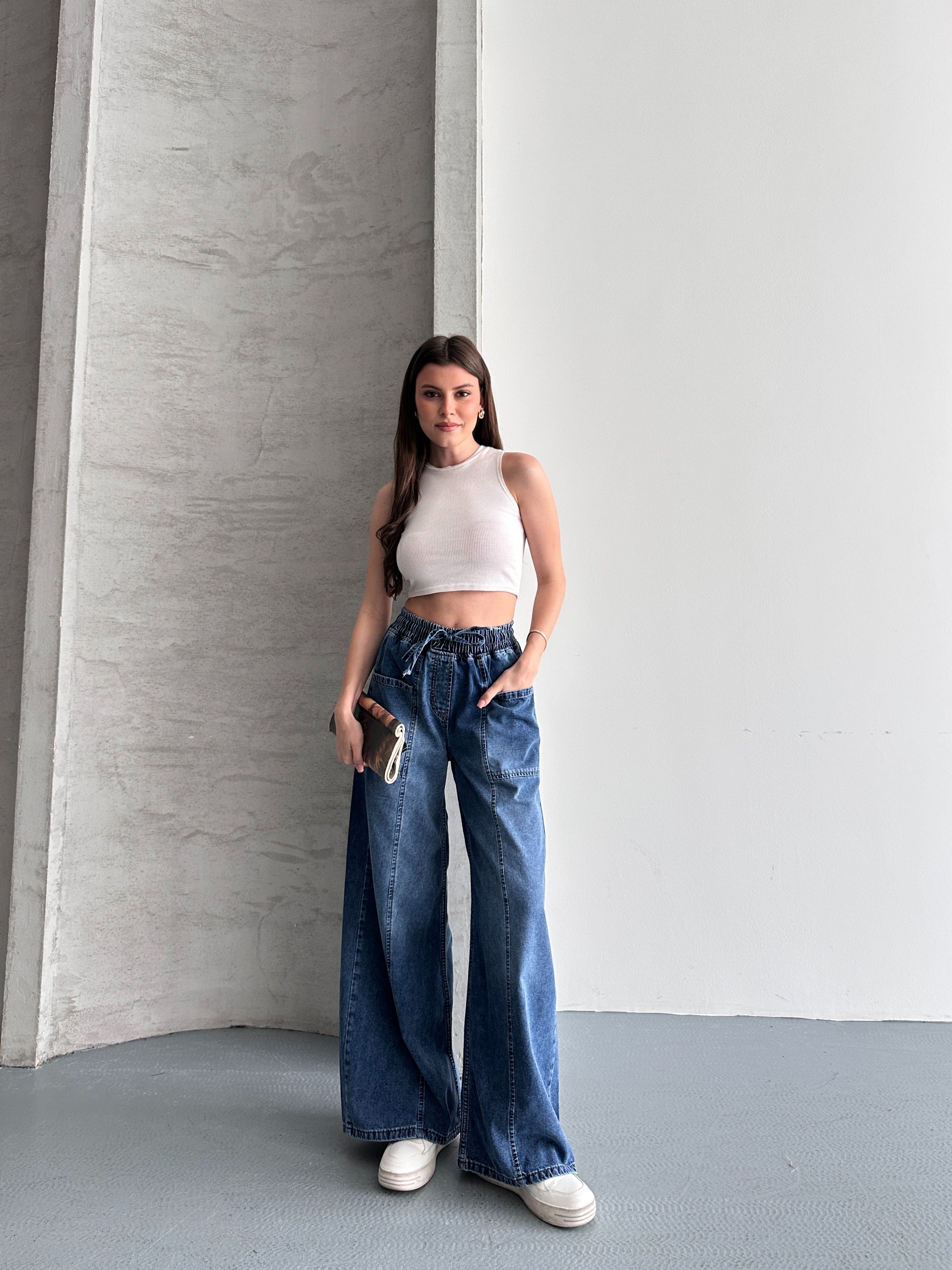 Beli Lastikli Tasarım Geniş Paça Jean