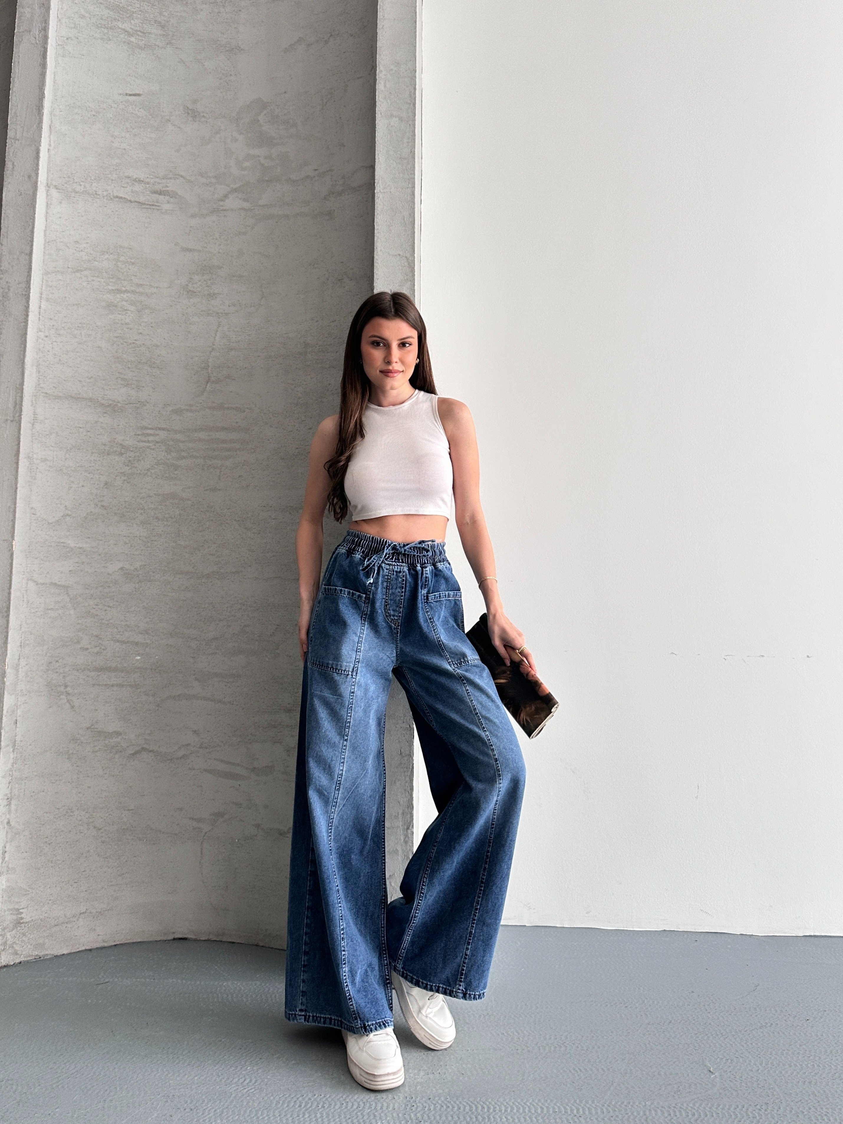 Beli Lastikli Tasarım Geniş Paça Jean