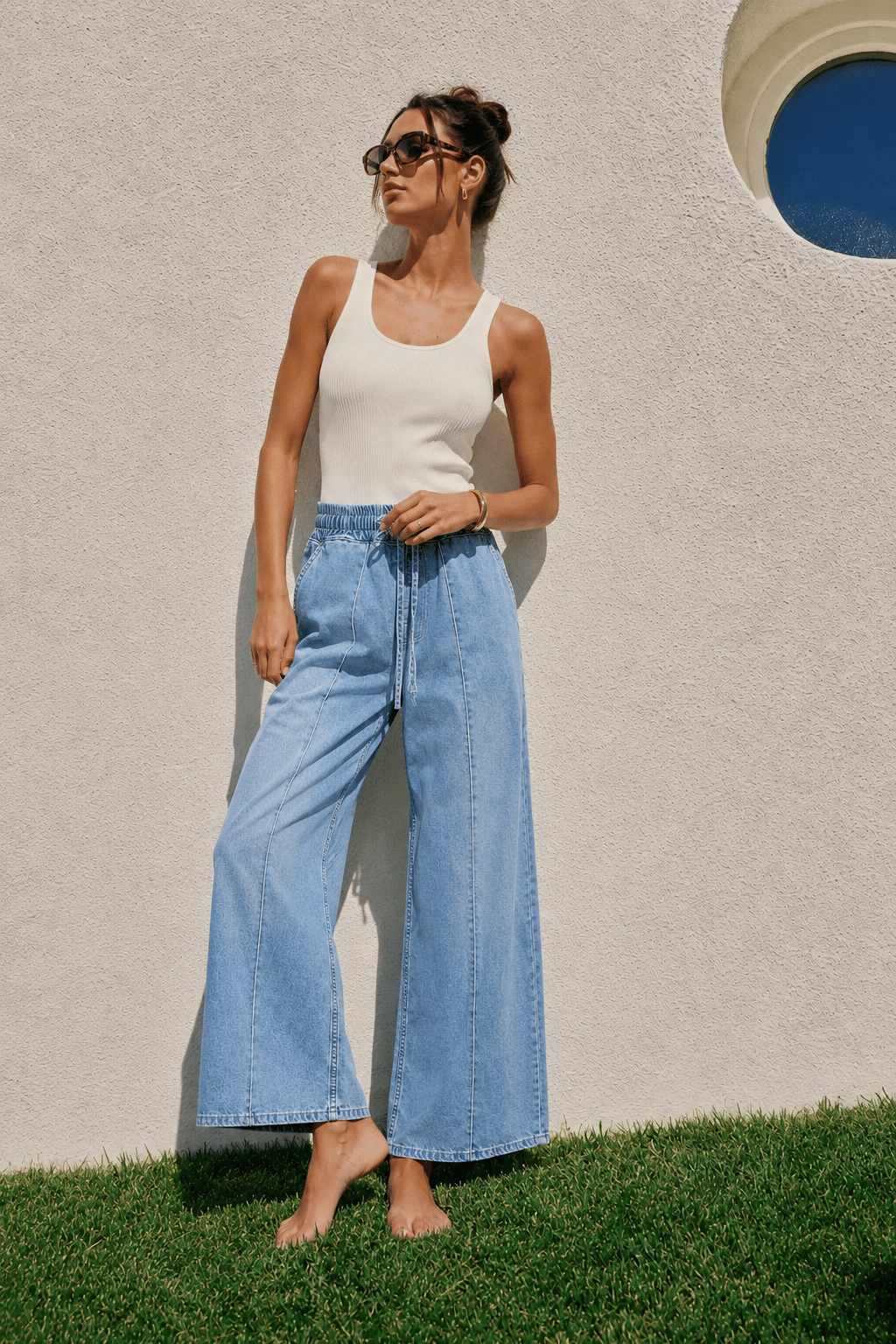 Kadın Beli Lastikli Bağcıklı Bol Paça Rahat Kesim Jean Pantolon