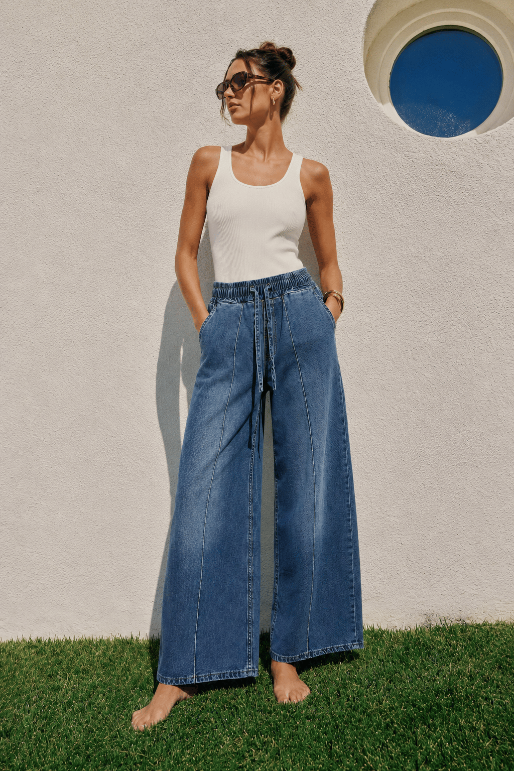 Kadın Beli Lastikli Bağcıklı Bol Paça Rahat Kesim Jean Pantolon