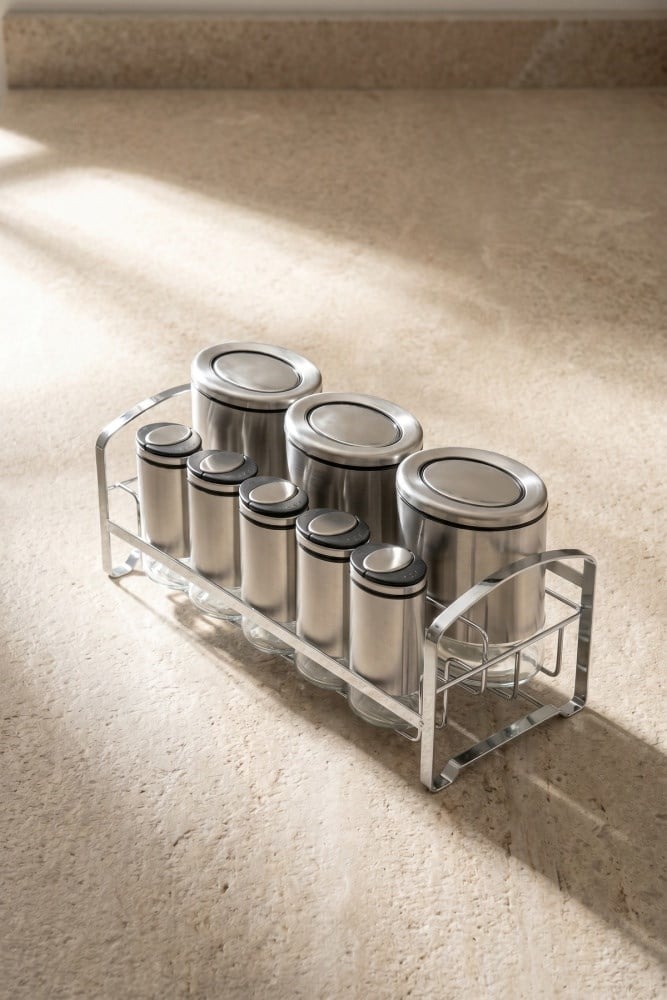 Acar Inox Kaplama 8 Parça Standlı Cam Baharat Seti 