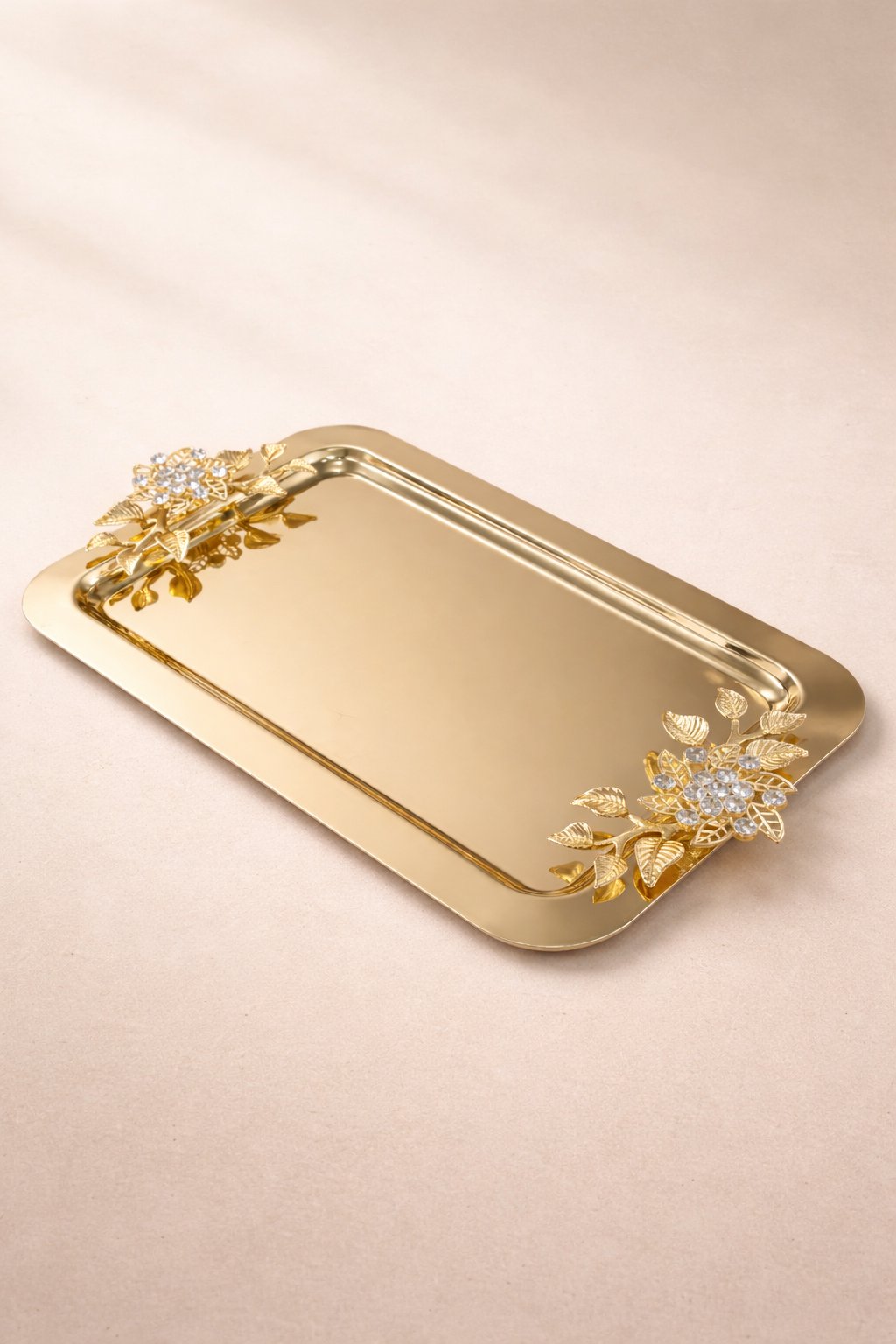 Dikdörtgen Broşlu Gold Tepsi