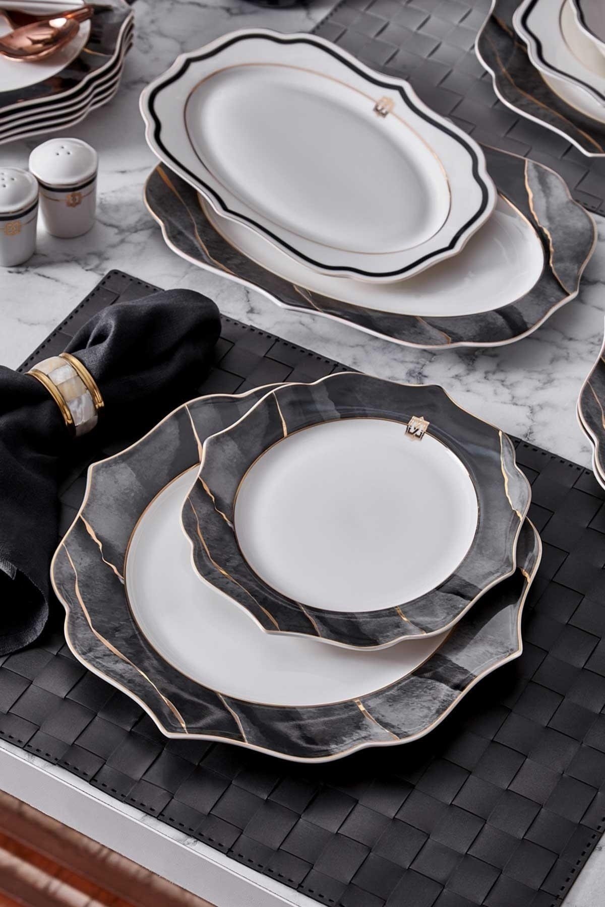 Neva Marble Plus Yaldızlı 28 Parça Porselen Yemek Takımı