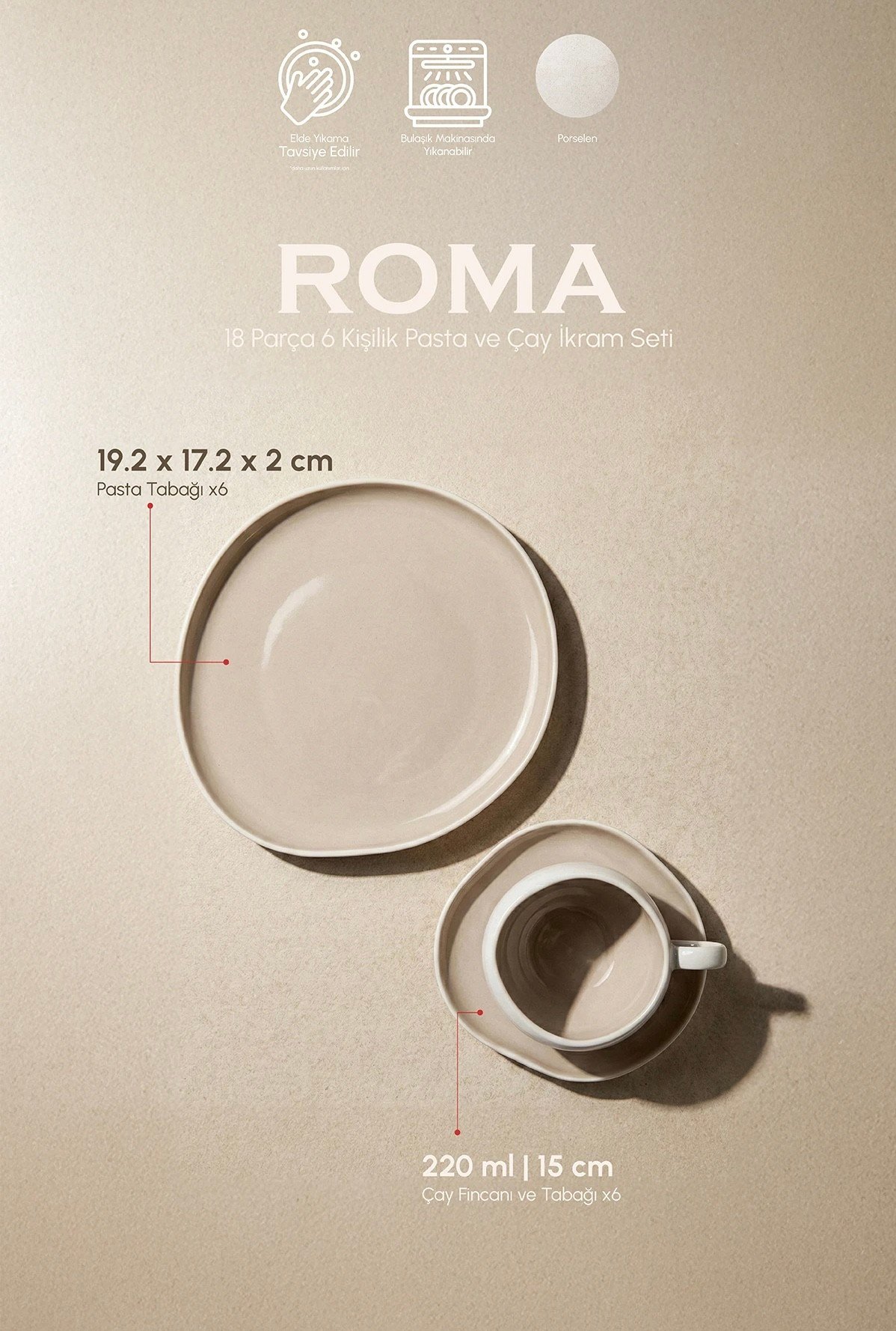 Perotti Roma Beige 18 Parça Pasta ve Çay İkram Seti