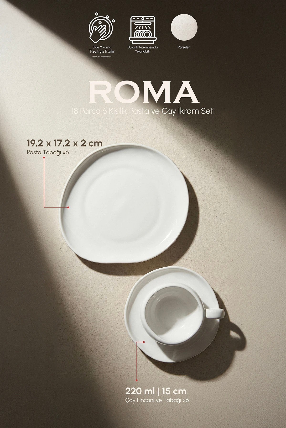 Perotti Roma Beige 18 Parça Porselen Pasta ve Çay İkram Seti