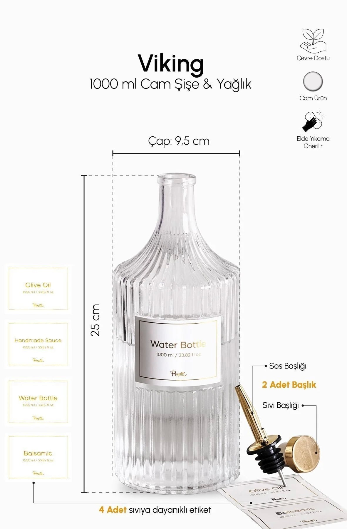 Perotti Viking Gümüş Cam Yağdanlık Şişesi 1000 ml. 
