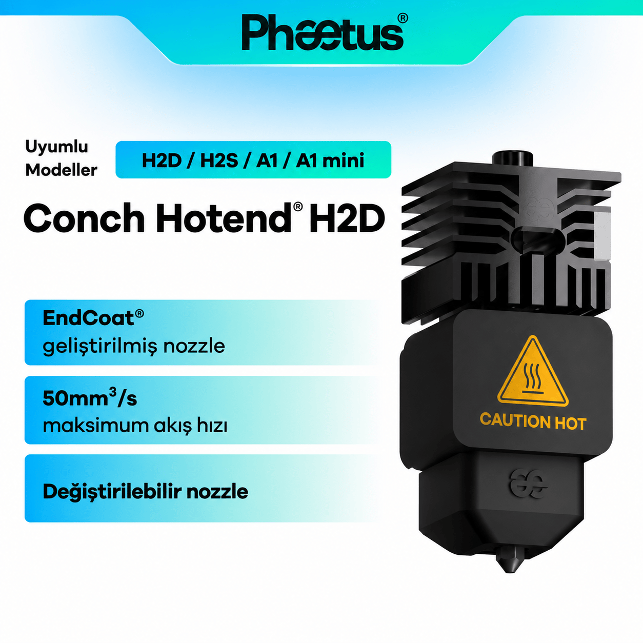 Phaetus H2D 0.4mm Değiştirilebilir Nozzle Conch M4 Endcoat Hotend