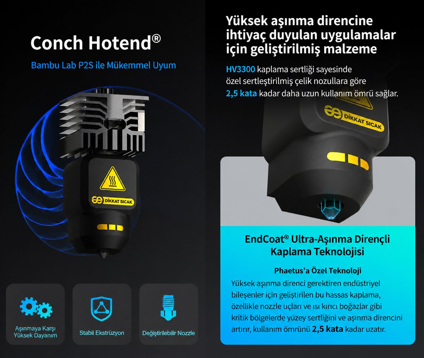 Phaetus P2S 0.4mm Değiştirilebilir Nozzle Conch M4 Endcoat Hotend