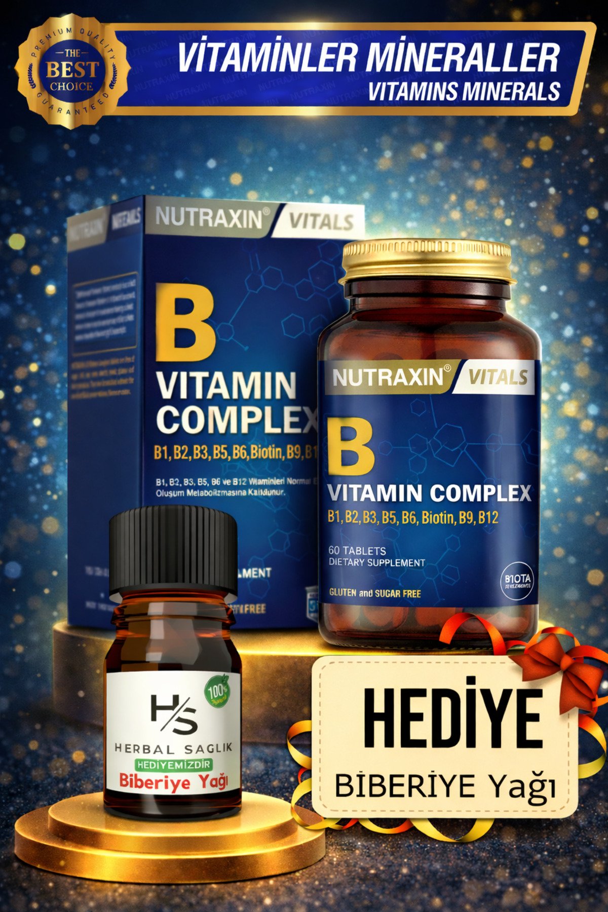 B Complex- (B1-B2-B3-B5-B6-B12) 60 Adet Vitamin Tablet + HEDİYE BİBERİYE YAĞI