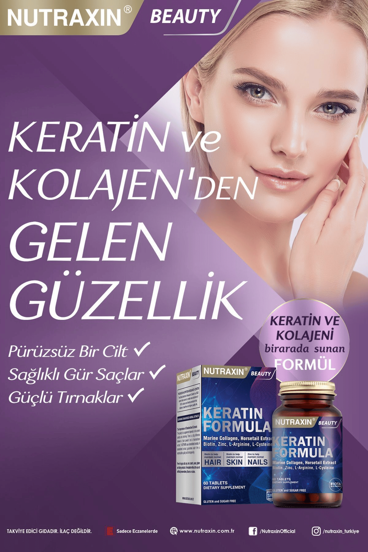 Keratin Formula Saç Bakım Vitamini - (Kolajen,Keratin,Biotin,Çinko,LArginin,LSistein) 60 Adet Tablet