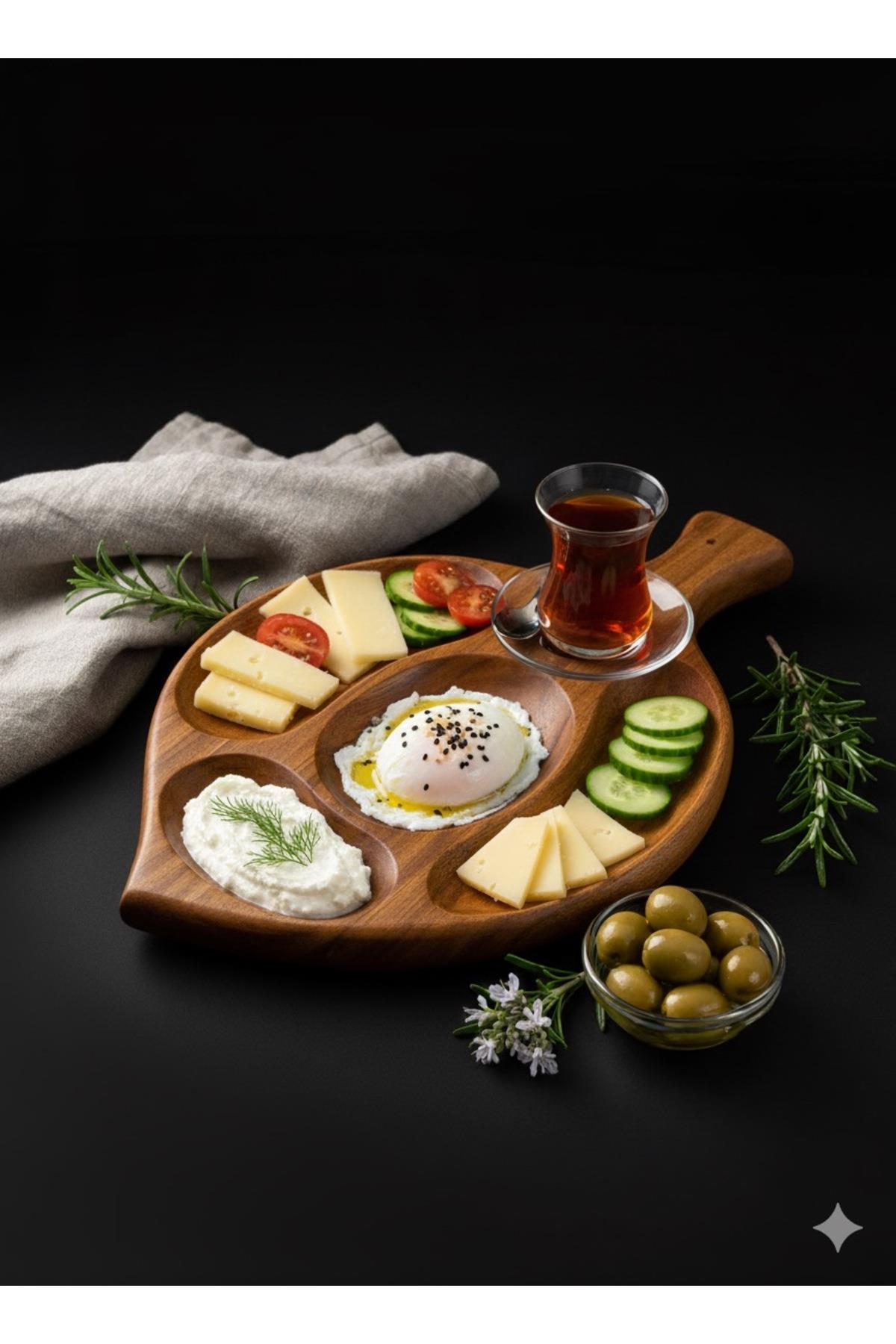 Ceviz Ağacından Dört Bölmeli Ahşap Kahvaltı Tabağı