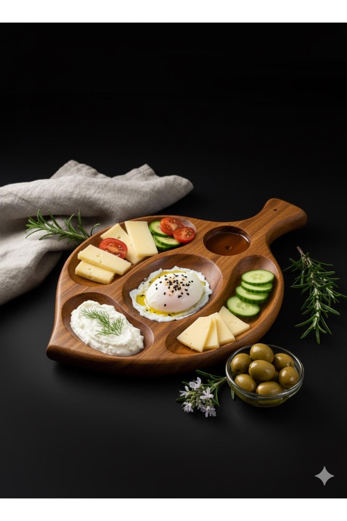 Ceviz Ağacından Dört Bölmeli Ahşap Kahvaltı Tabağı