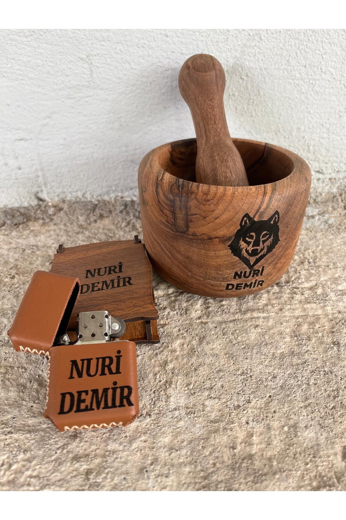 İsme Özel kök Ceviz Dibek Ve Zippo Çakmak