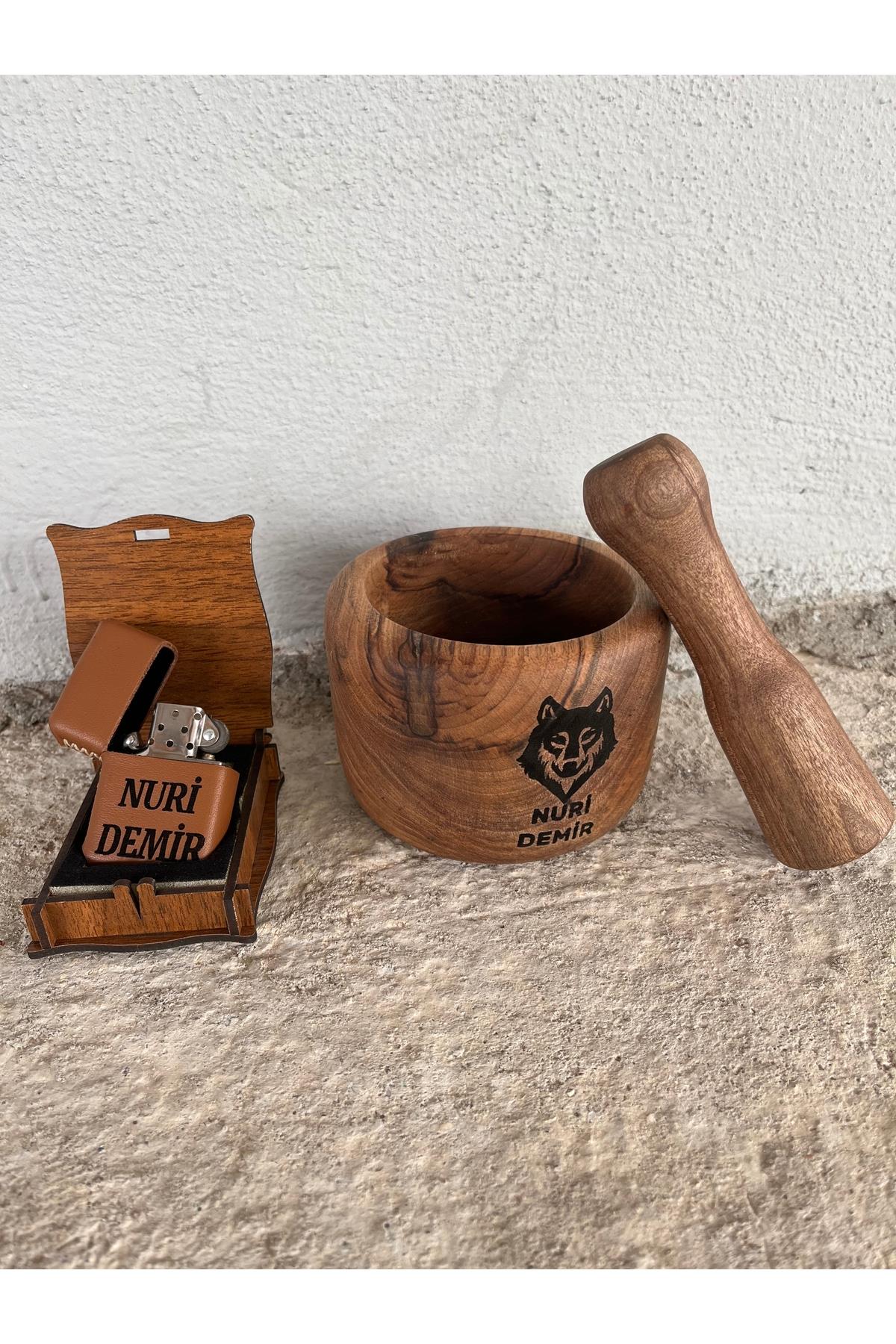 İsme Özel kök Ceviz Dibek Ve Zippo Çakmak