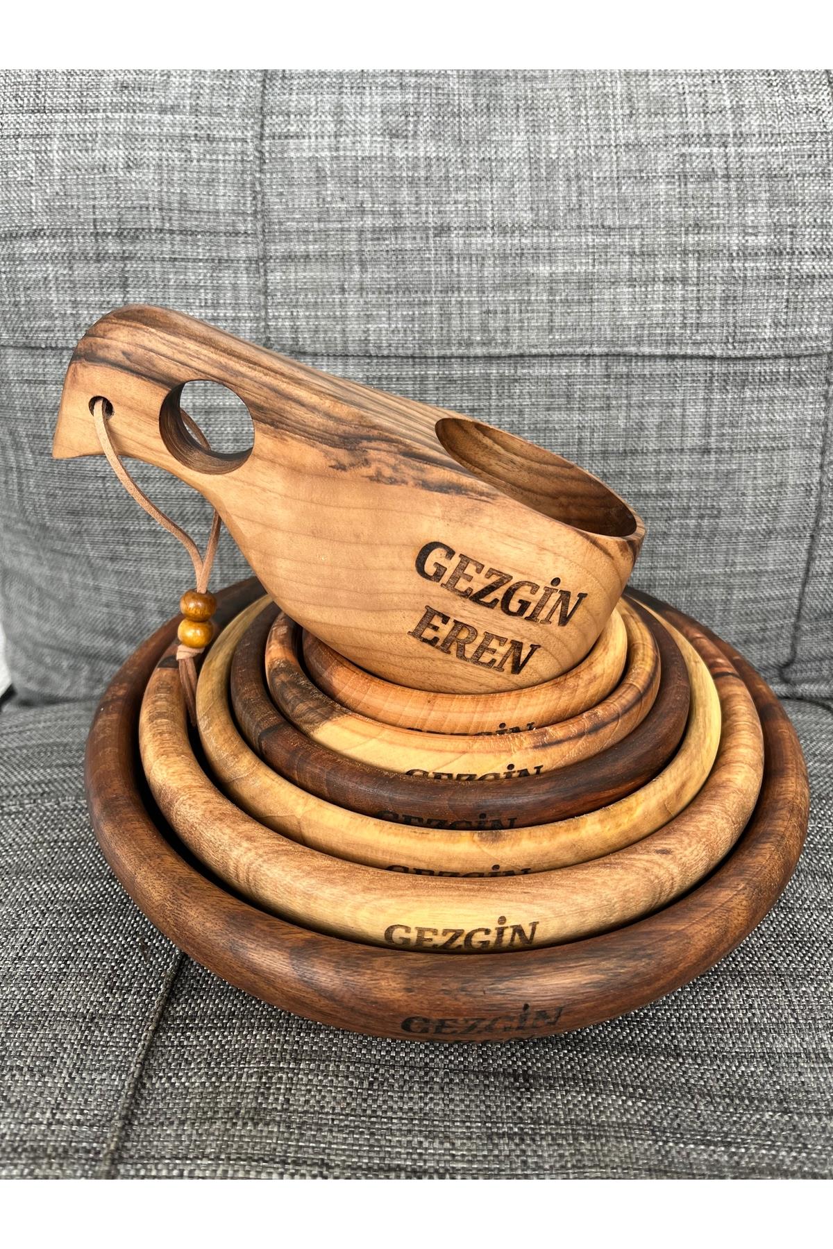 Kök Ceviz Tabak Ve Kuksa Bardak Set
