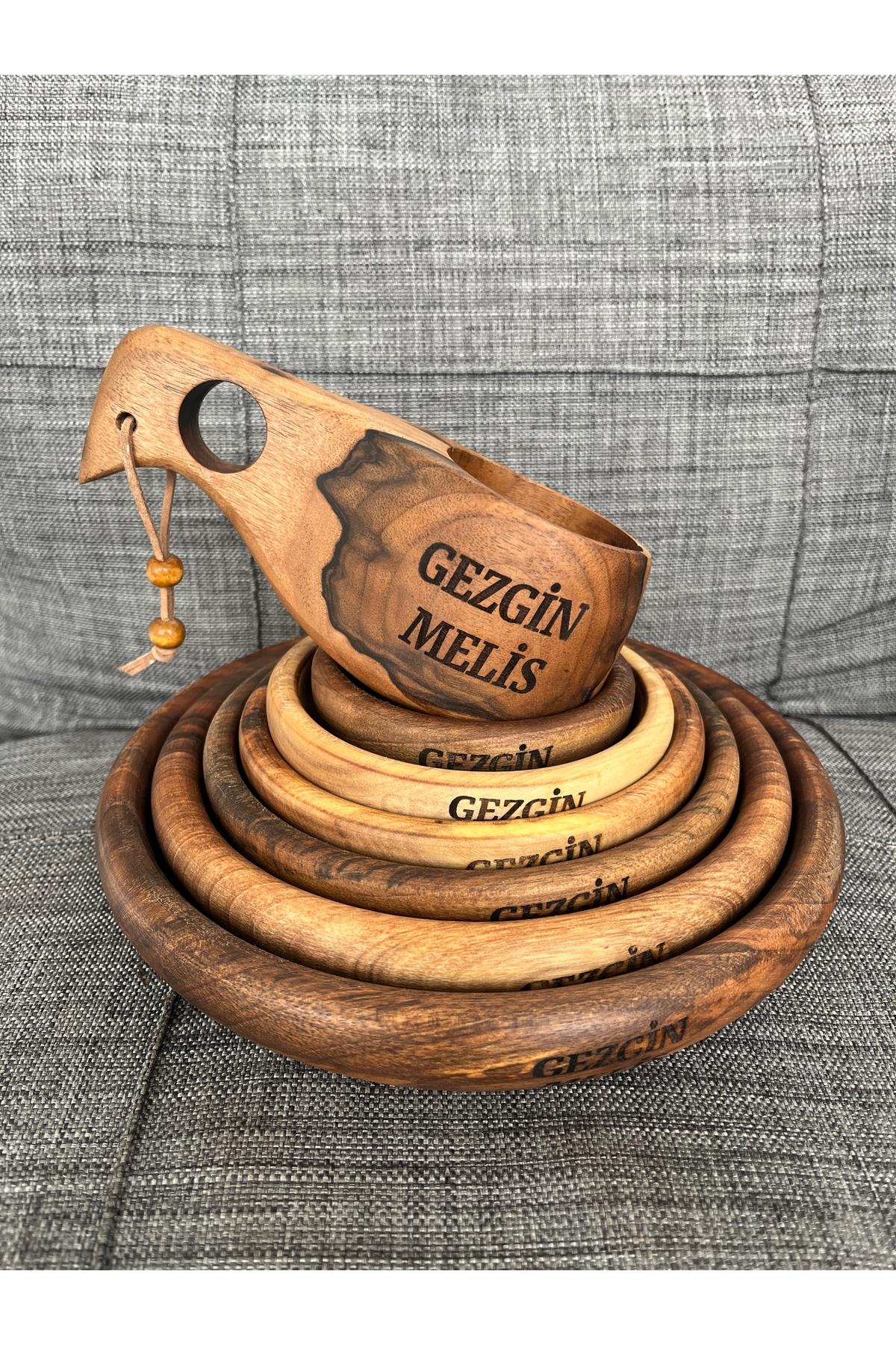 Kök Ceviz Tabak Ve Kuksa Bardak Set