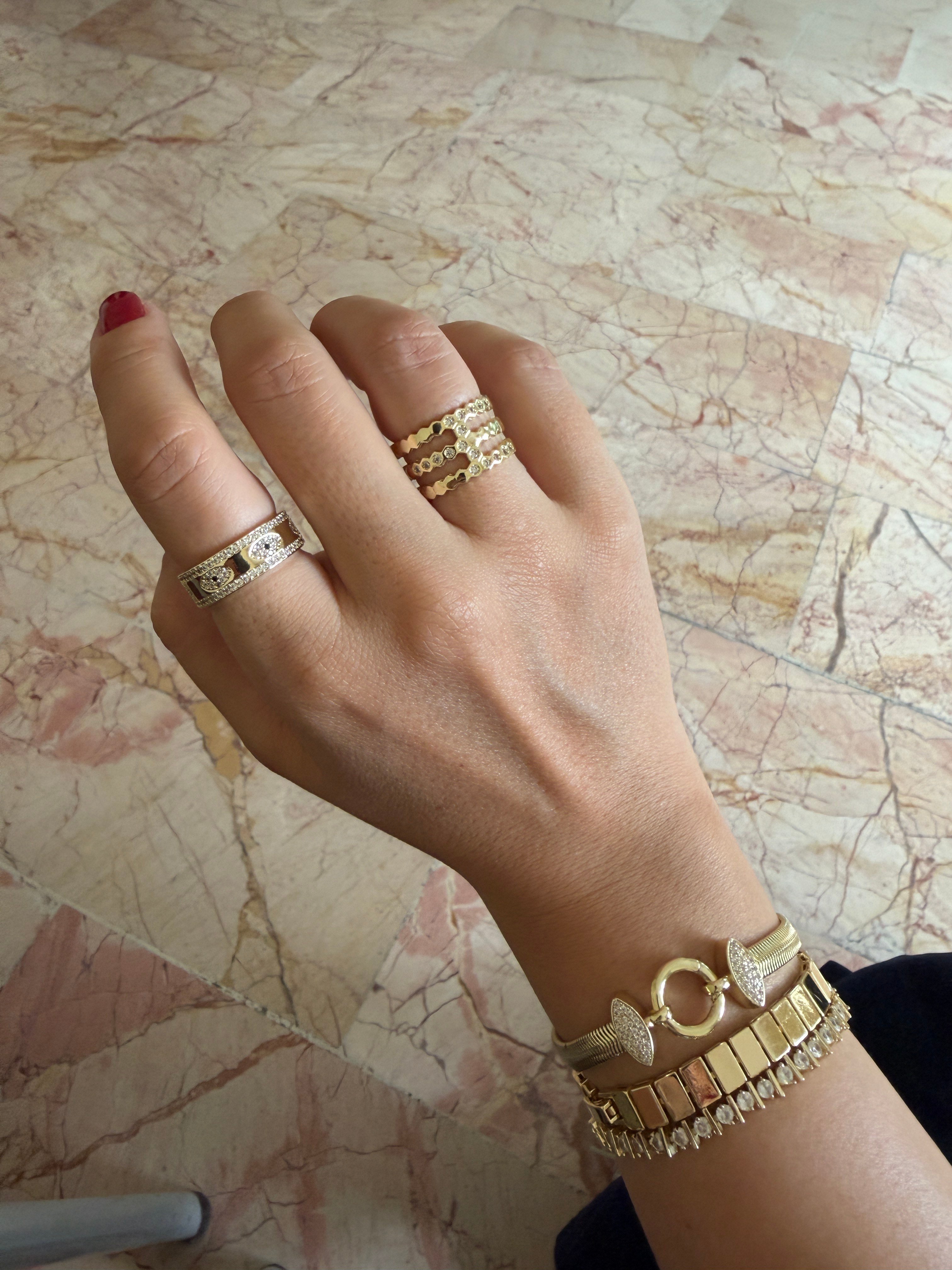 14K gold renk altın kaplama ayarlanabilir nazar temalı ince ince taş işlemeli şık yüzük
