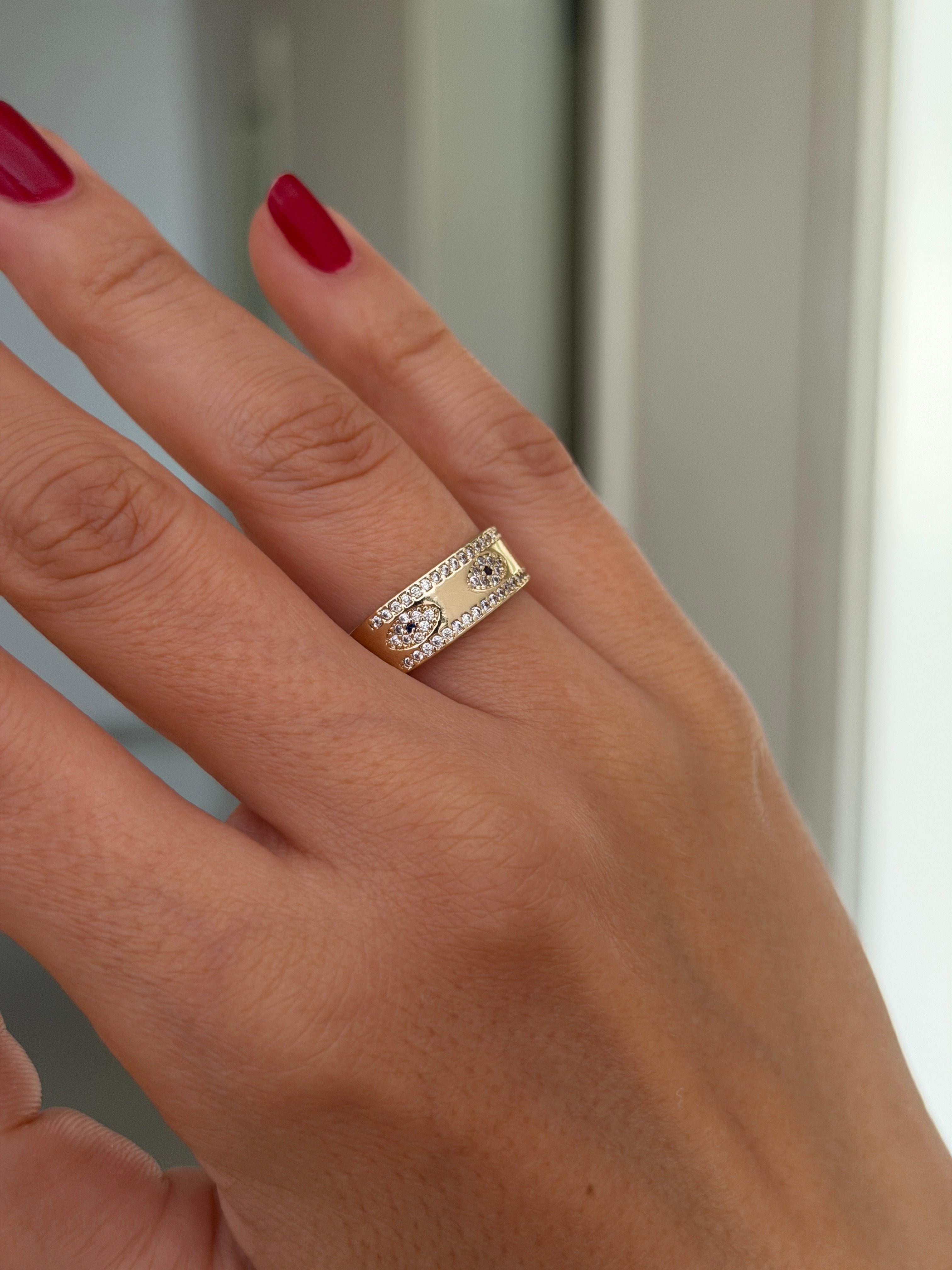 14K gold renk altın kaplama ayarlanabilir nazar temalı ince ince taş işlemeli şık yüzük
