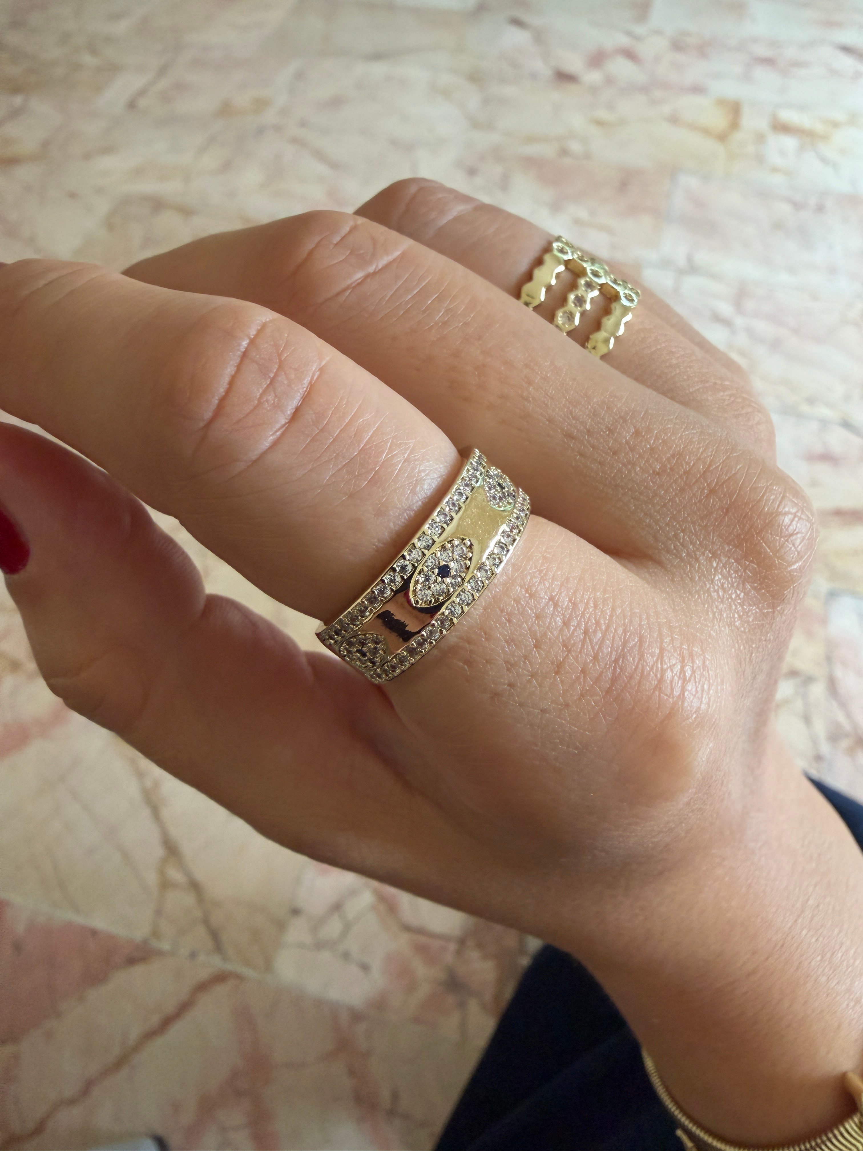 14K gold renk altın kaplama ayarlanabilir nazar temalı ince ince taş işlemeli şık yüzük