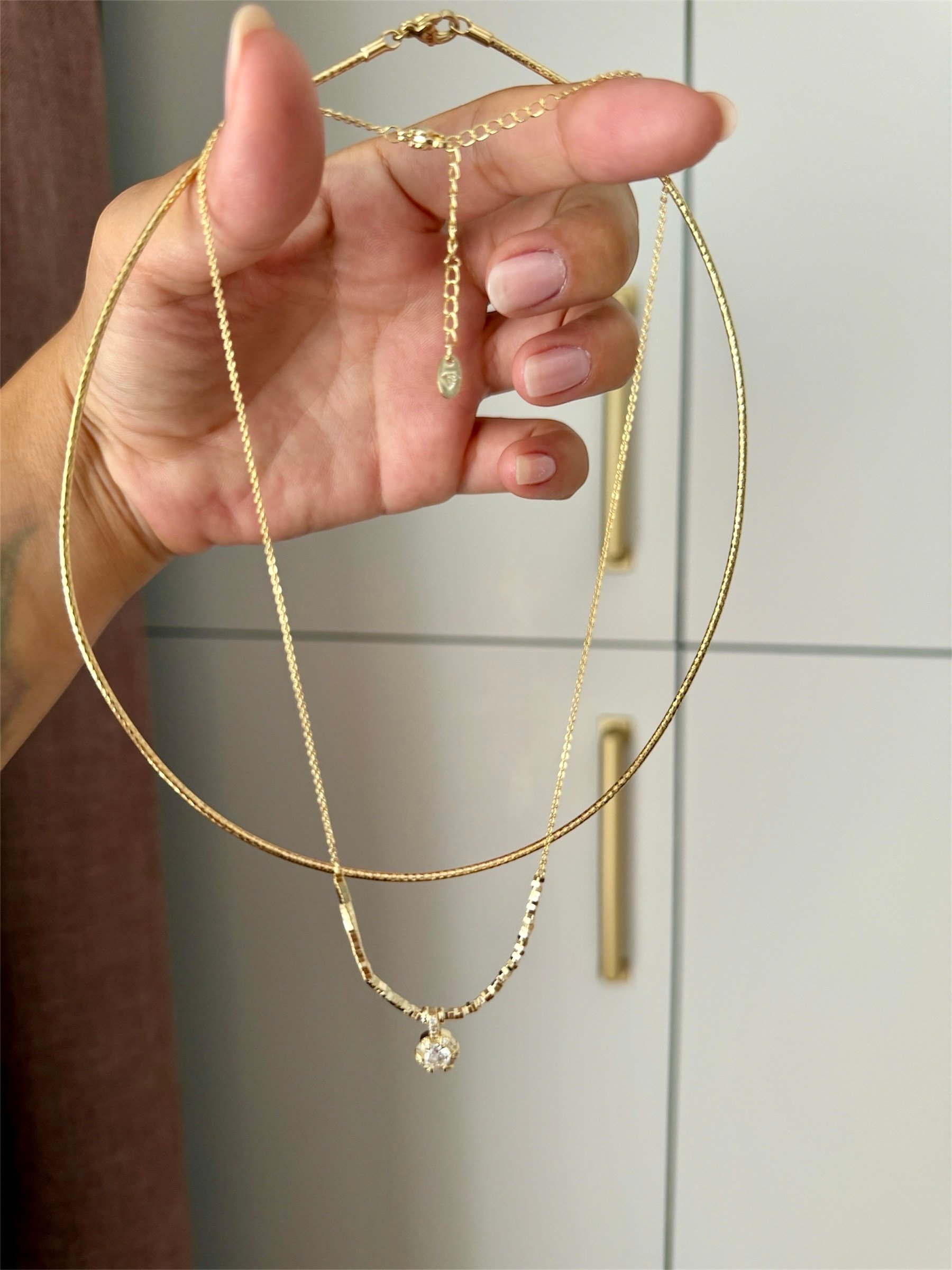 14K gold renk altın kaplama choker şık zincir ile tek taş detaylı kare dorikalı harika 2'li kolye seti