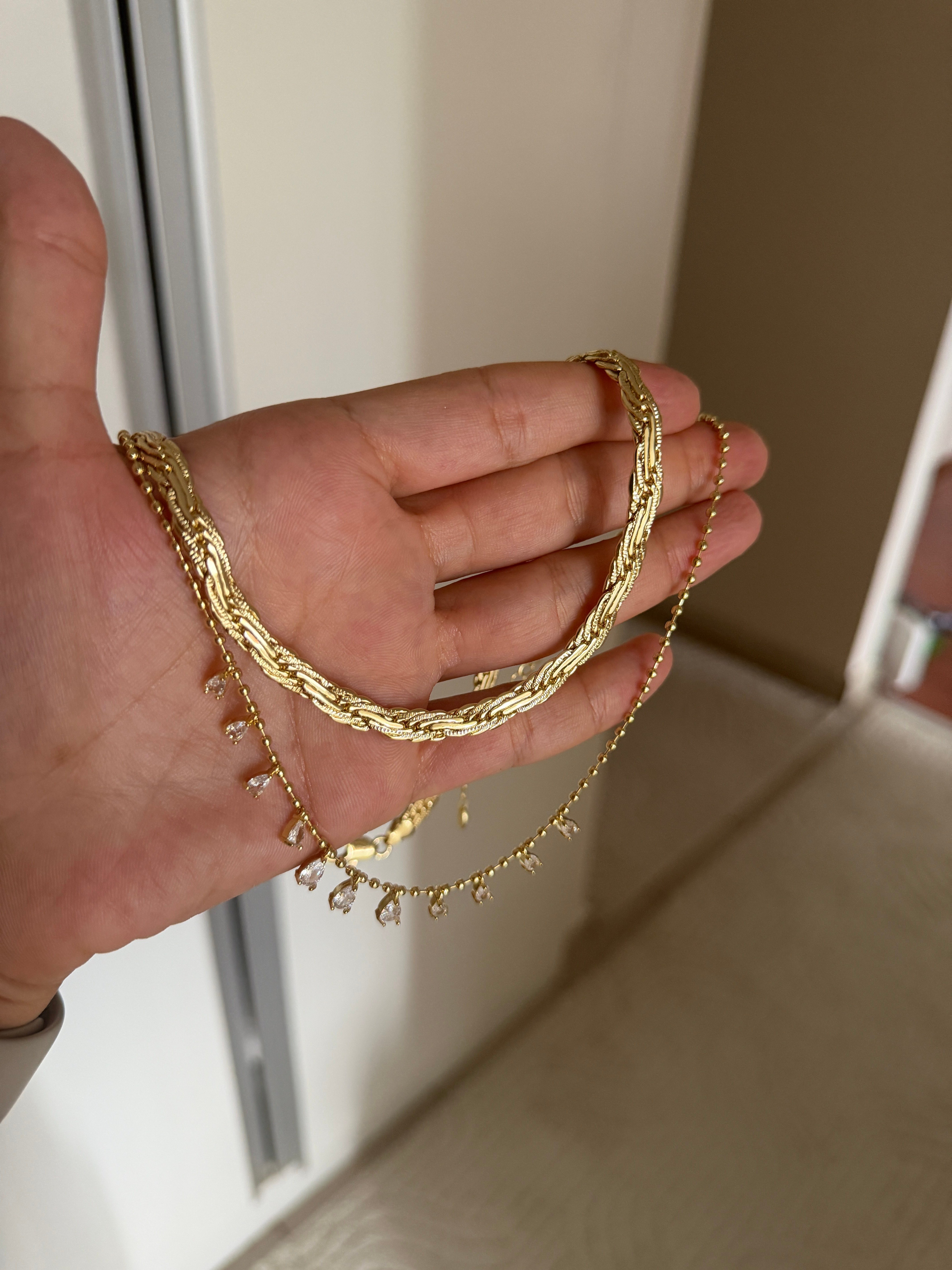 14K gold renk altın kaplama kalın örgü tasarım zincir ve zirkon taşlı sallantılı 2'li kolye seti