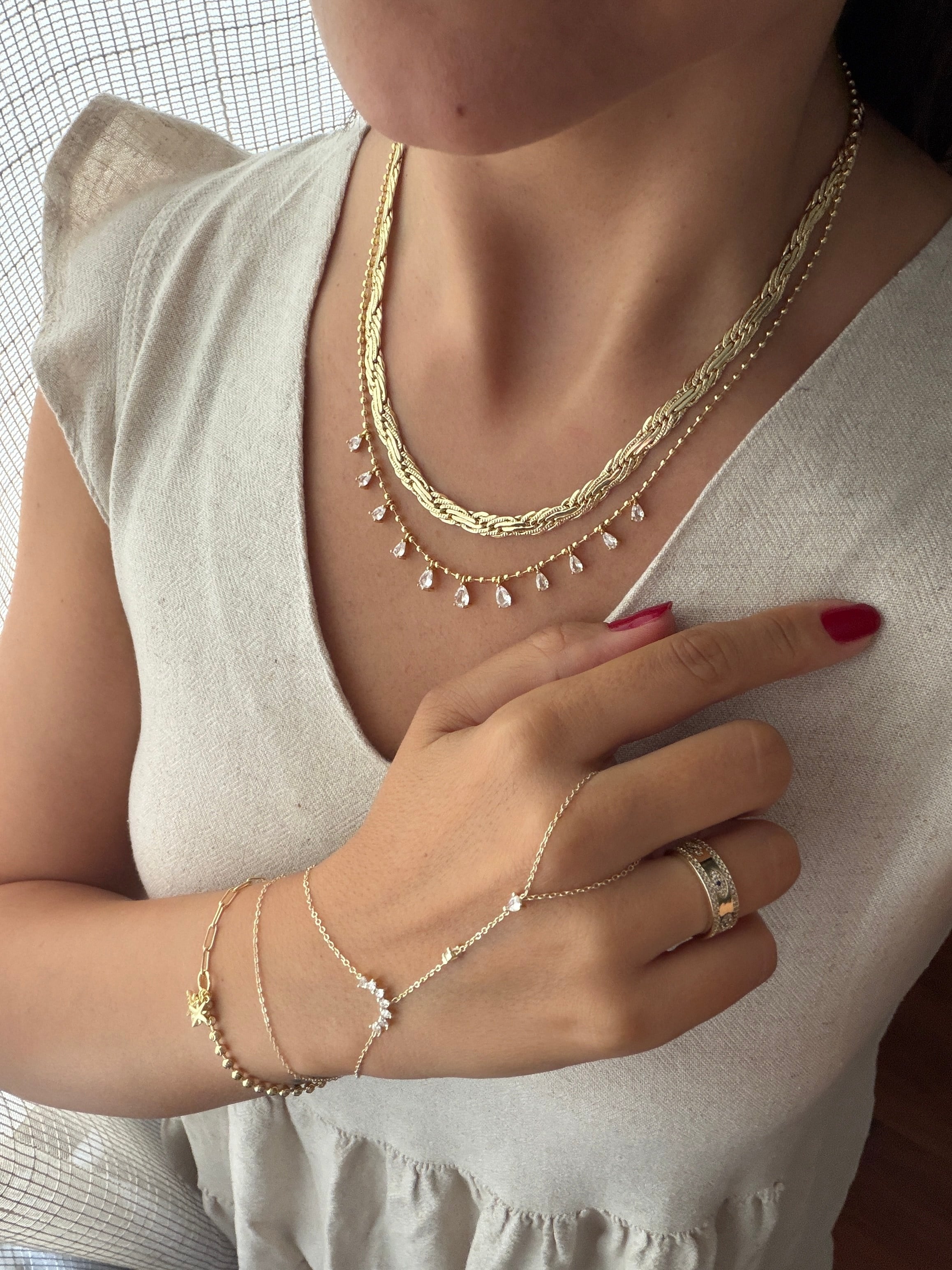 14K gold renk altın kaplama kalın örgü tasarım zincir ve zirkon taşlı sallantılı 2'li kolye seti
