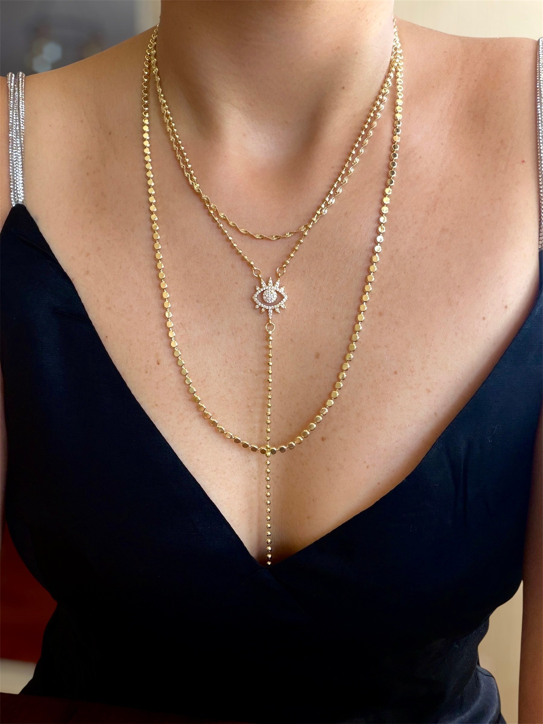 14K gold renk altın kaplama müthiş parlak ve harika tasarım 3'lü kolye seti