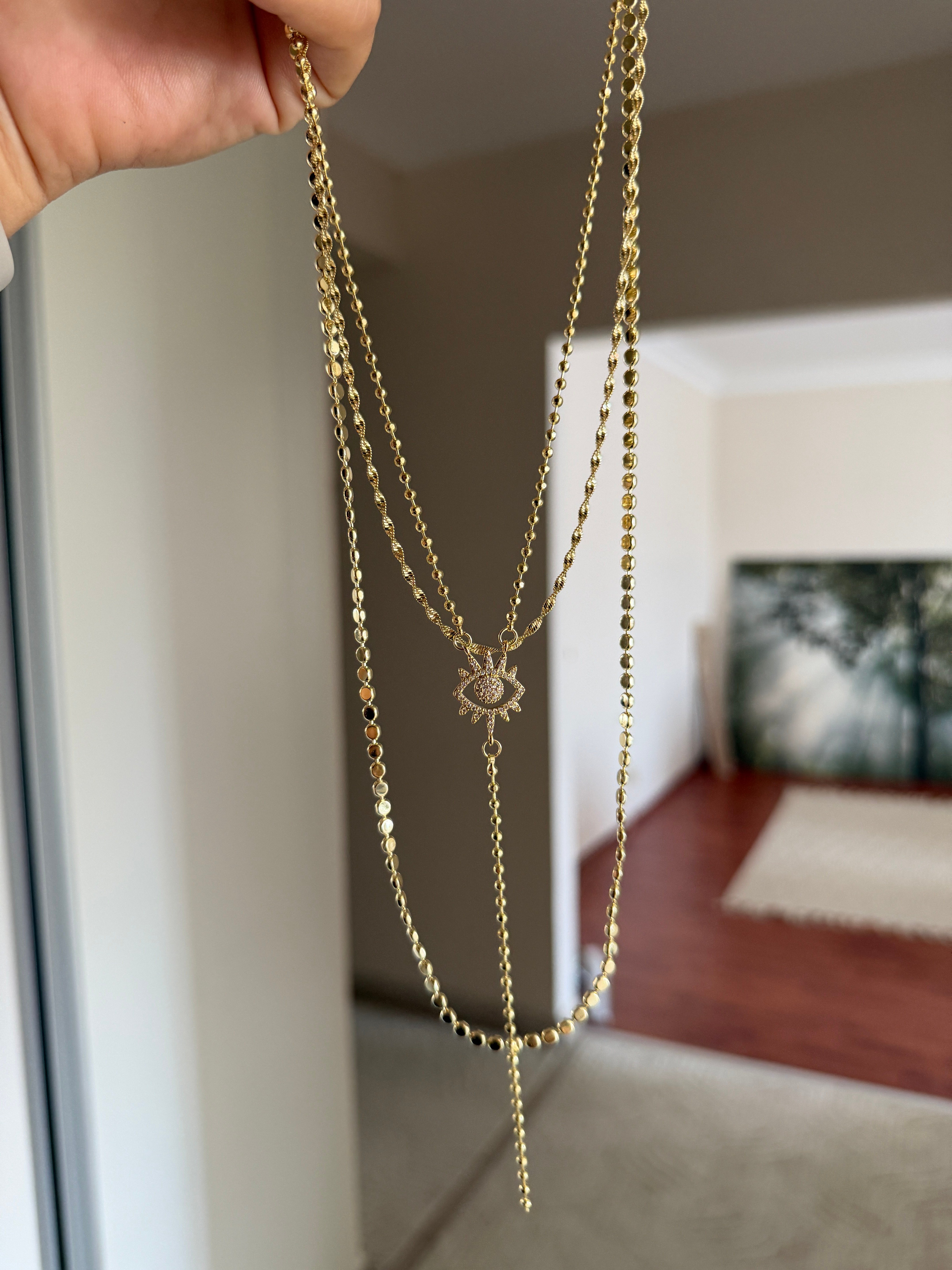14K gold renk altın kaplama müthiş parlak ve harika tasarım 3'lü kolye seti