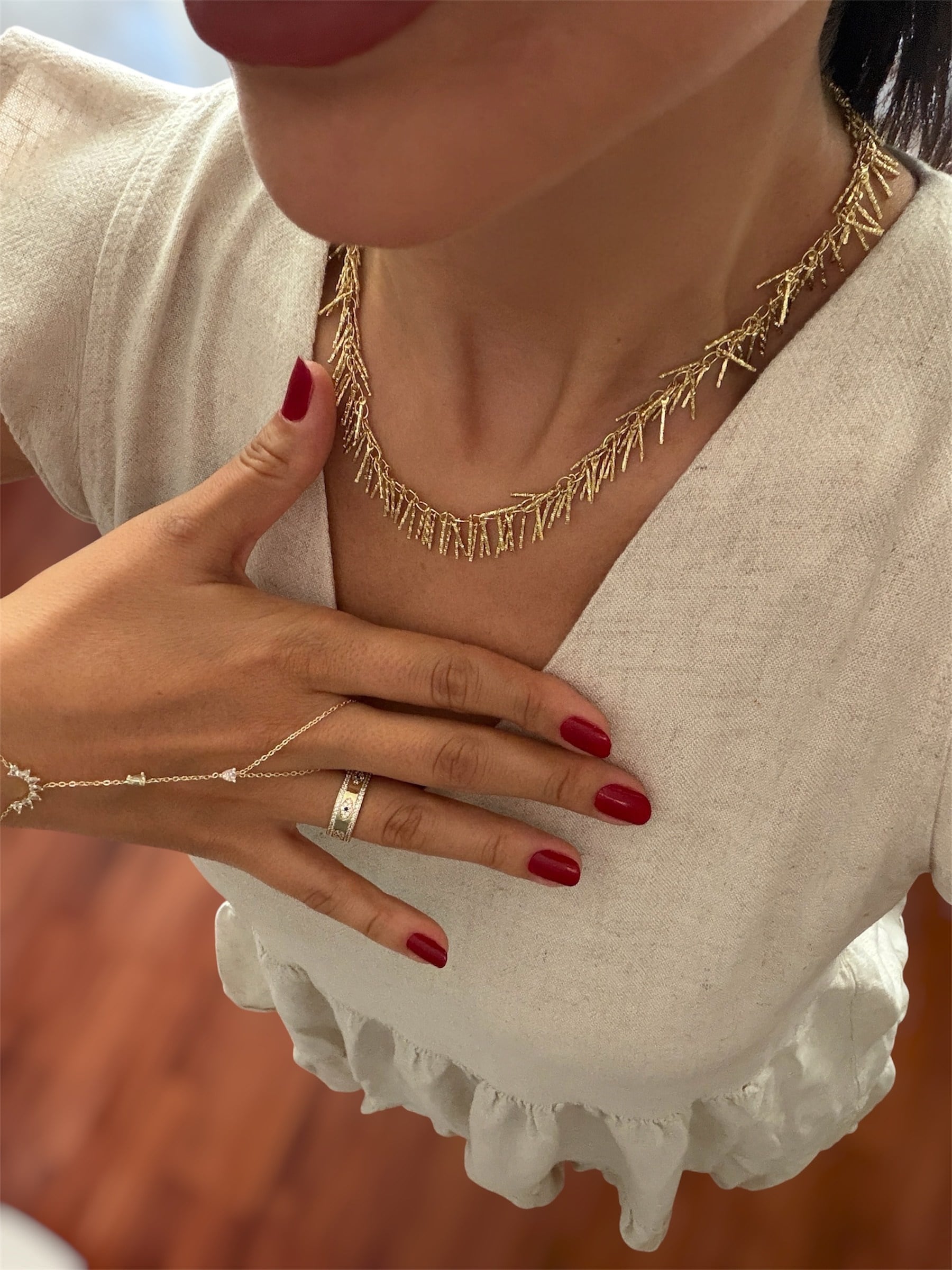 14K gold renk altın kaplama saçaklı sallantılı tek başına tasarım kolye