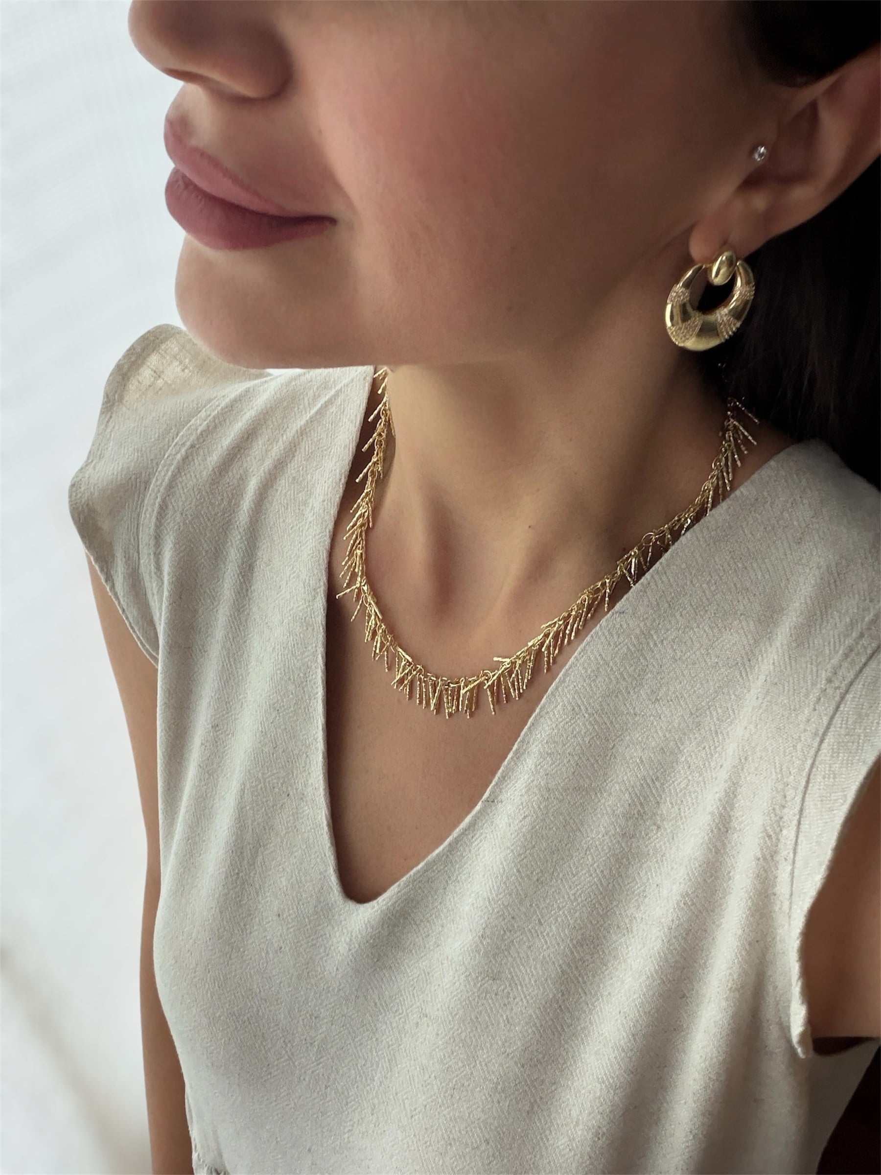 14K gold renk altın kaplama saçaklı sallantılı tek başına tasarım kolye