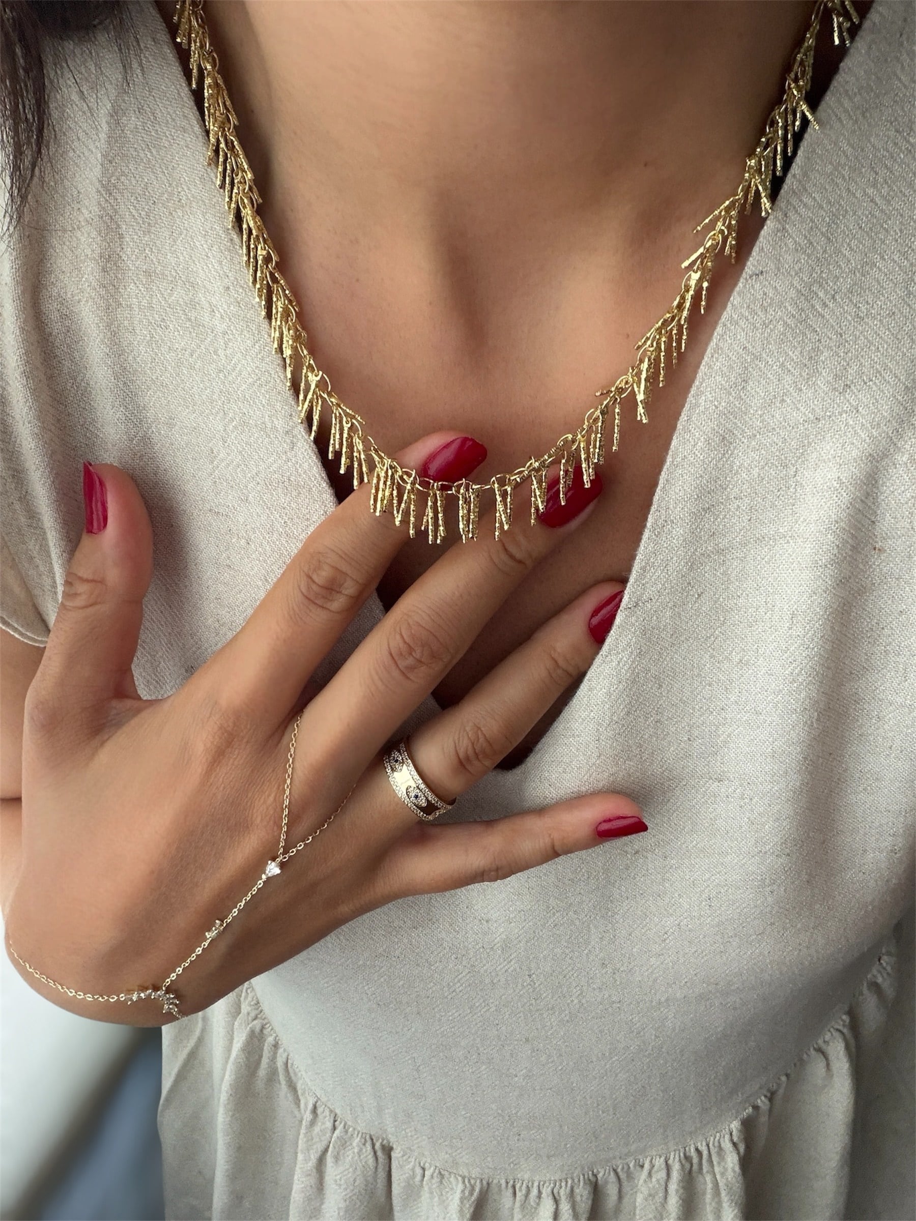 14K gold renk altın kaplama saçaklı sallantılı tek başına tasarım kolye