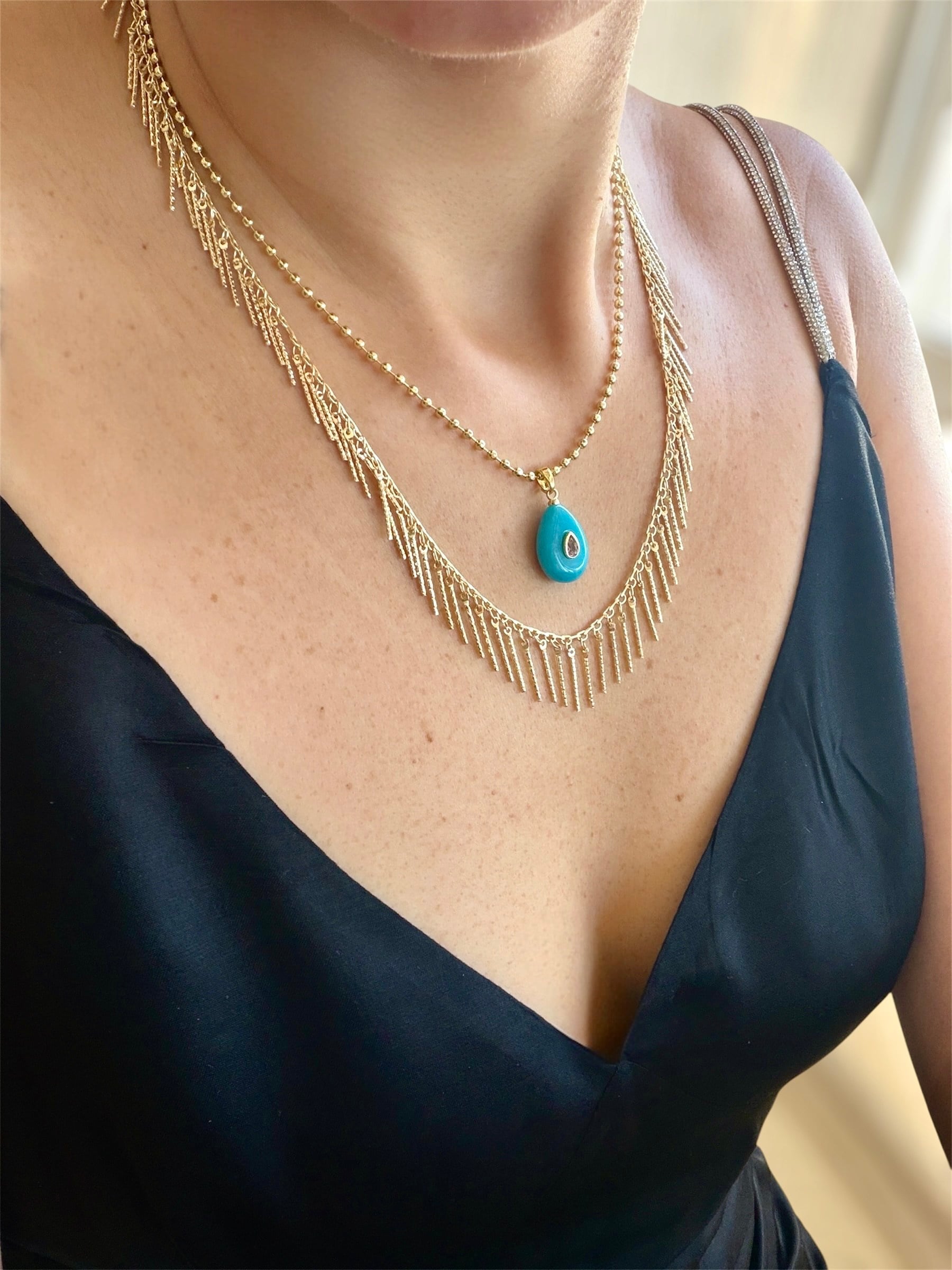 14K gold renk altın kaplama tasarım salkım saçak kolye ve doğaltaş mavi 2'li kolye seti