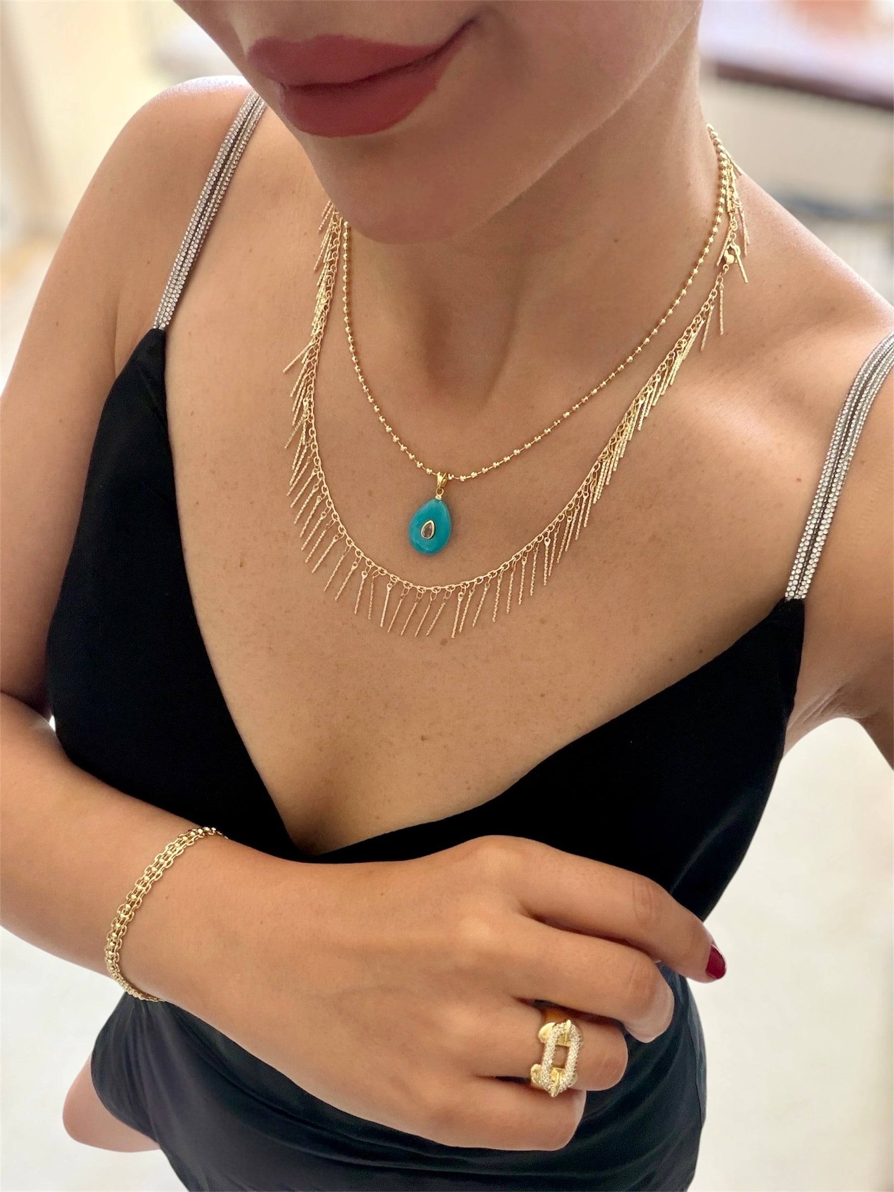 14K gold renk altın kaplama tasarım salkım saçak kolye ve doğaltaş mavi 2'li kolye seti